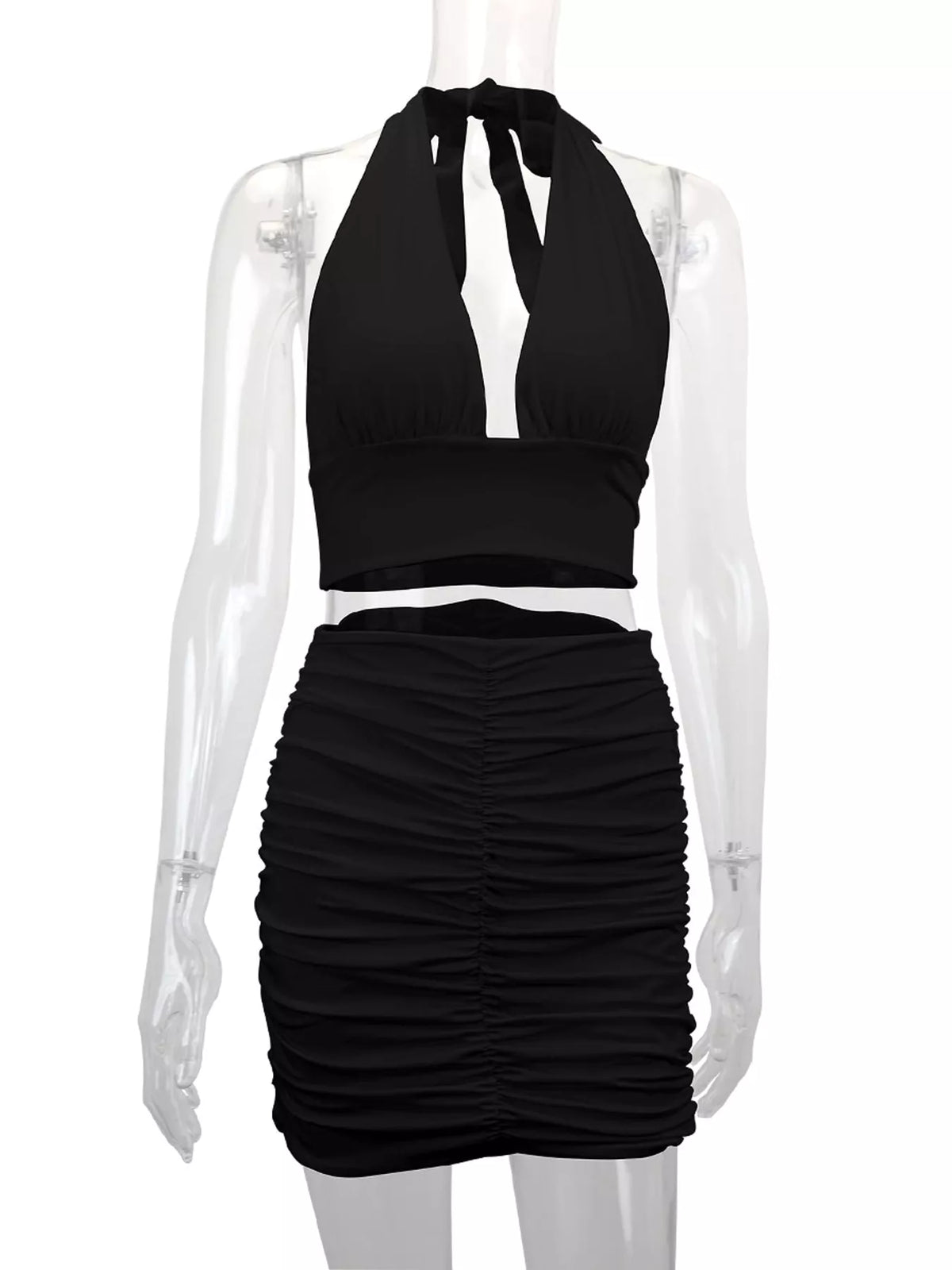 Halter Crop Top and Ruched Bodycon Mini Skirt Set