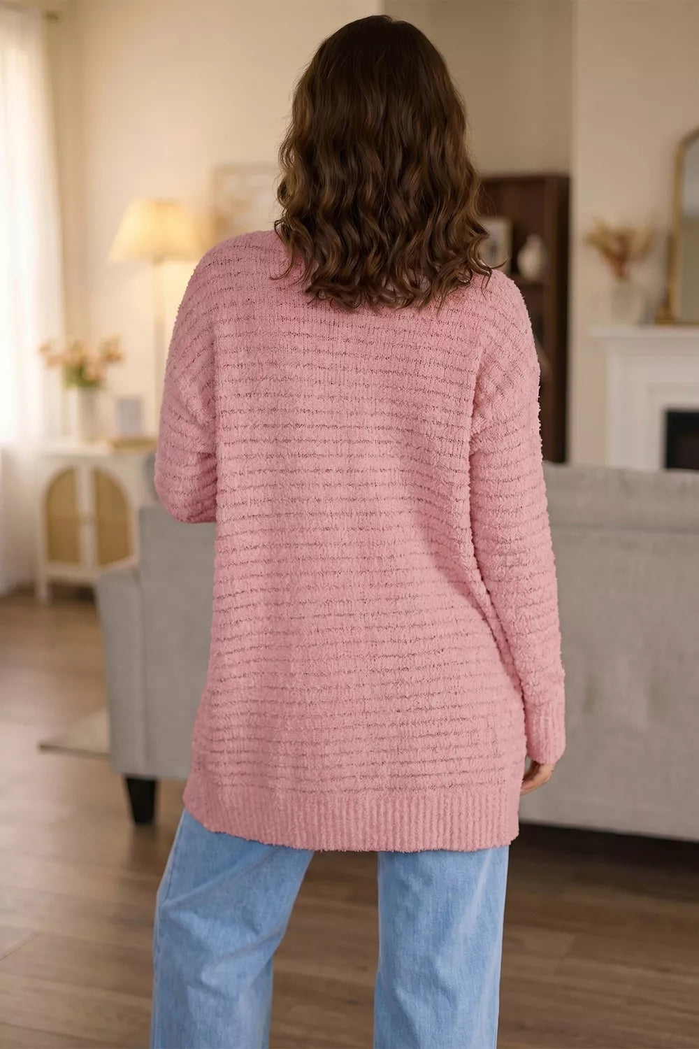 Open Front Soft Fuzzy Ribbed Sweater Cardigan