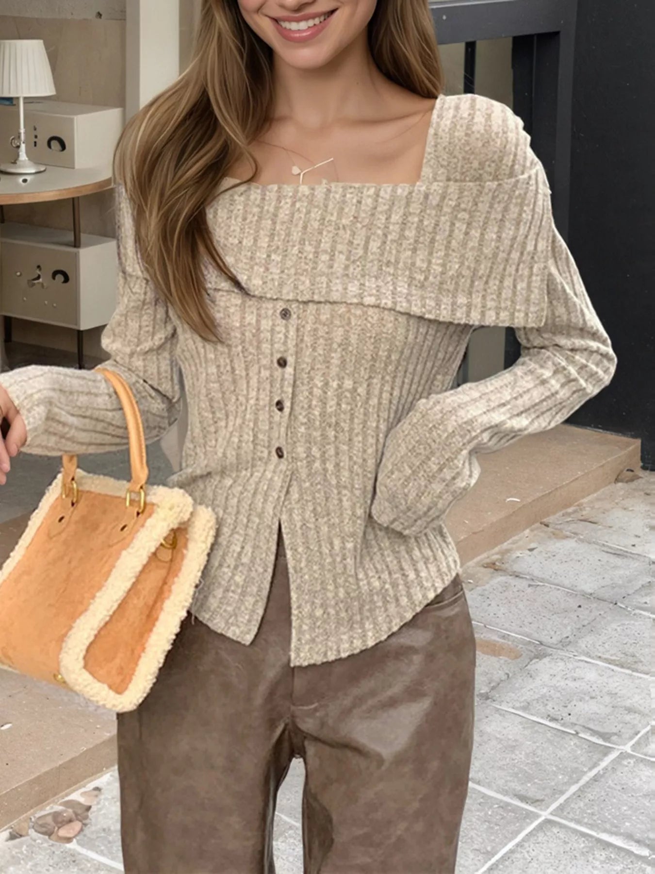 Ribbed Square Neck Long Sleeve Top