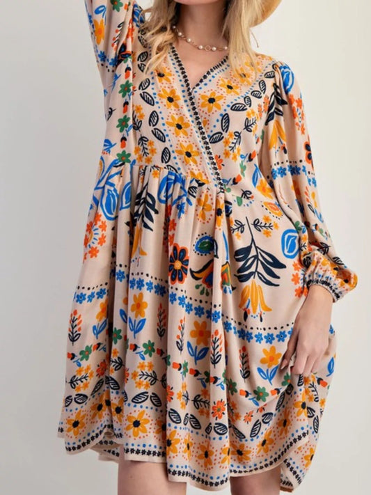 Bohemian Floral Print Long Sleeve Mini Dress