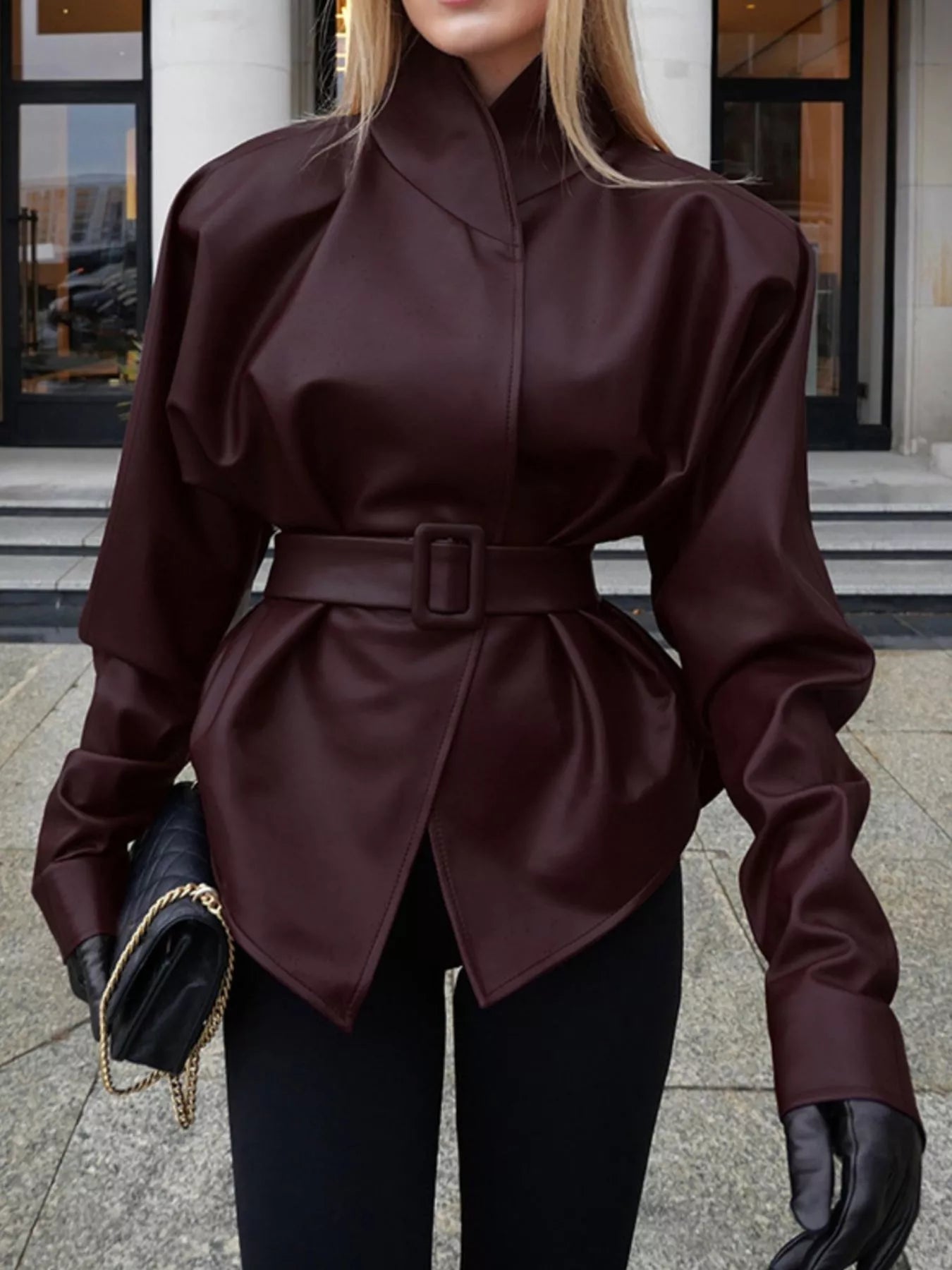 Stand Collar Belted Faux Leather Jacket