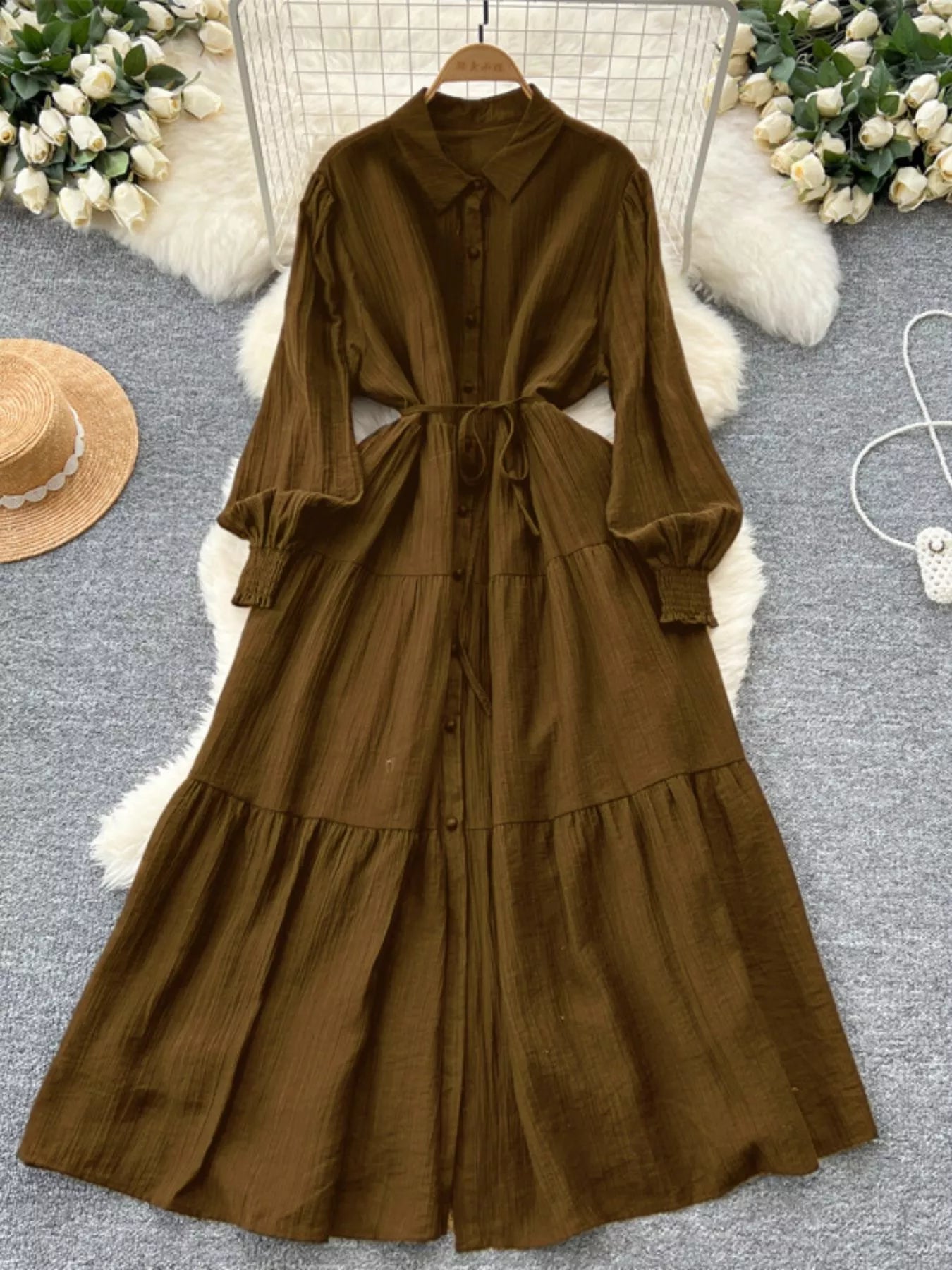 Button Down Tiered Long Sleeve Dress