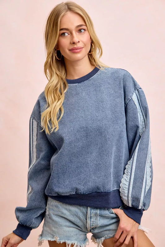 BiBi Washed Denim Lace Contrast Sided Sweatshirt