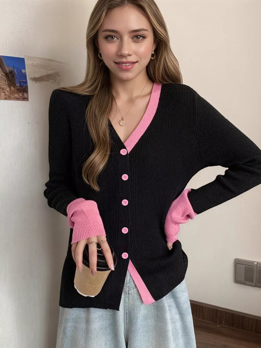 Contrast Trim Ribbed Knit Cardigan
