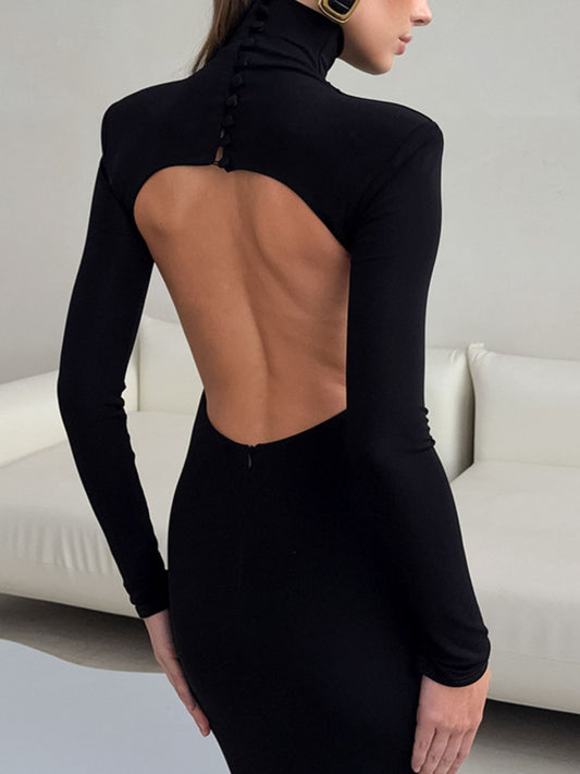 Backless Turtleneck Long Sleeve Bodycon Maxi Dress