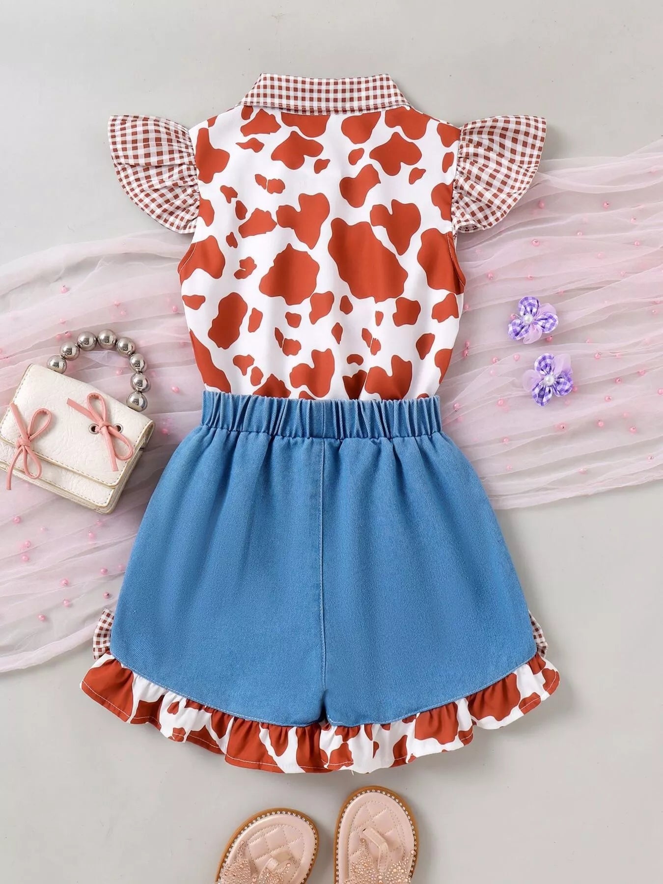 Children's Cow Print Ruffle Sleeve Top and Shorts Set