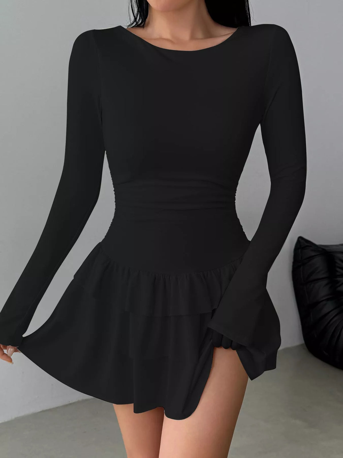Layered Ruffle Long Sleeve Mini Dress