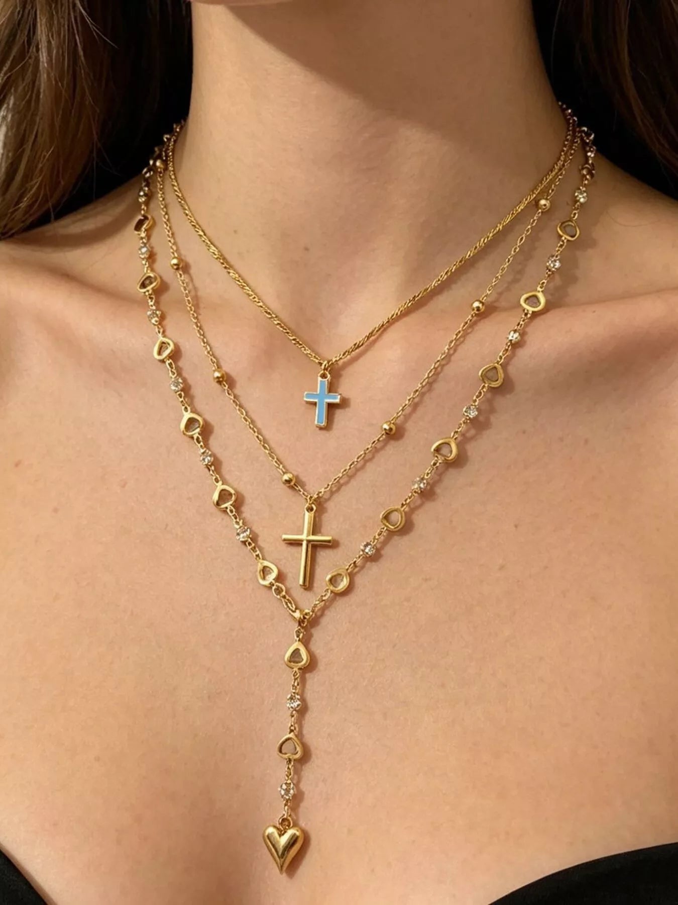 Layered Cross and Heart Necklace