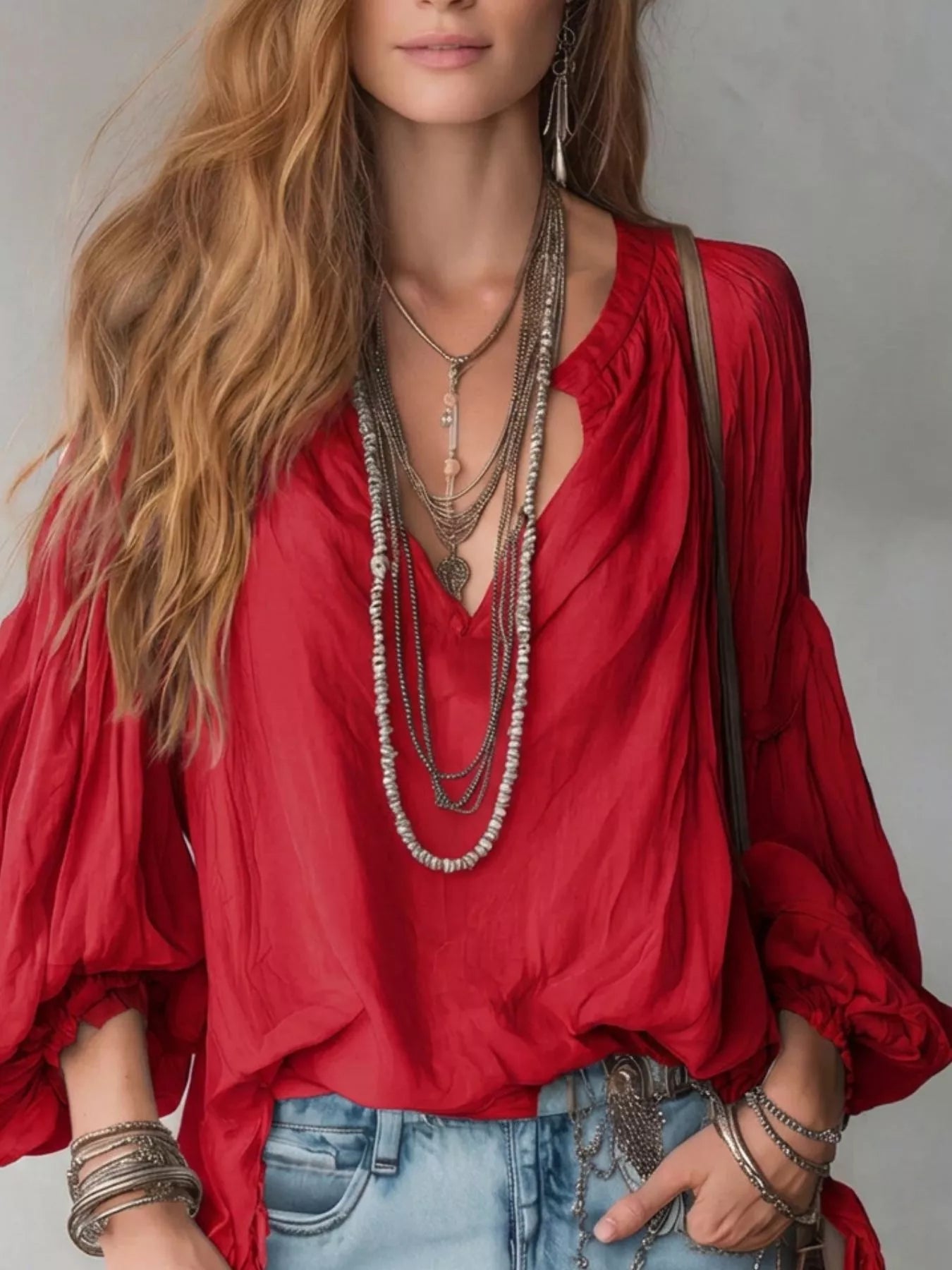 Notched Balloon Sleeve Blouse