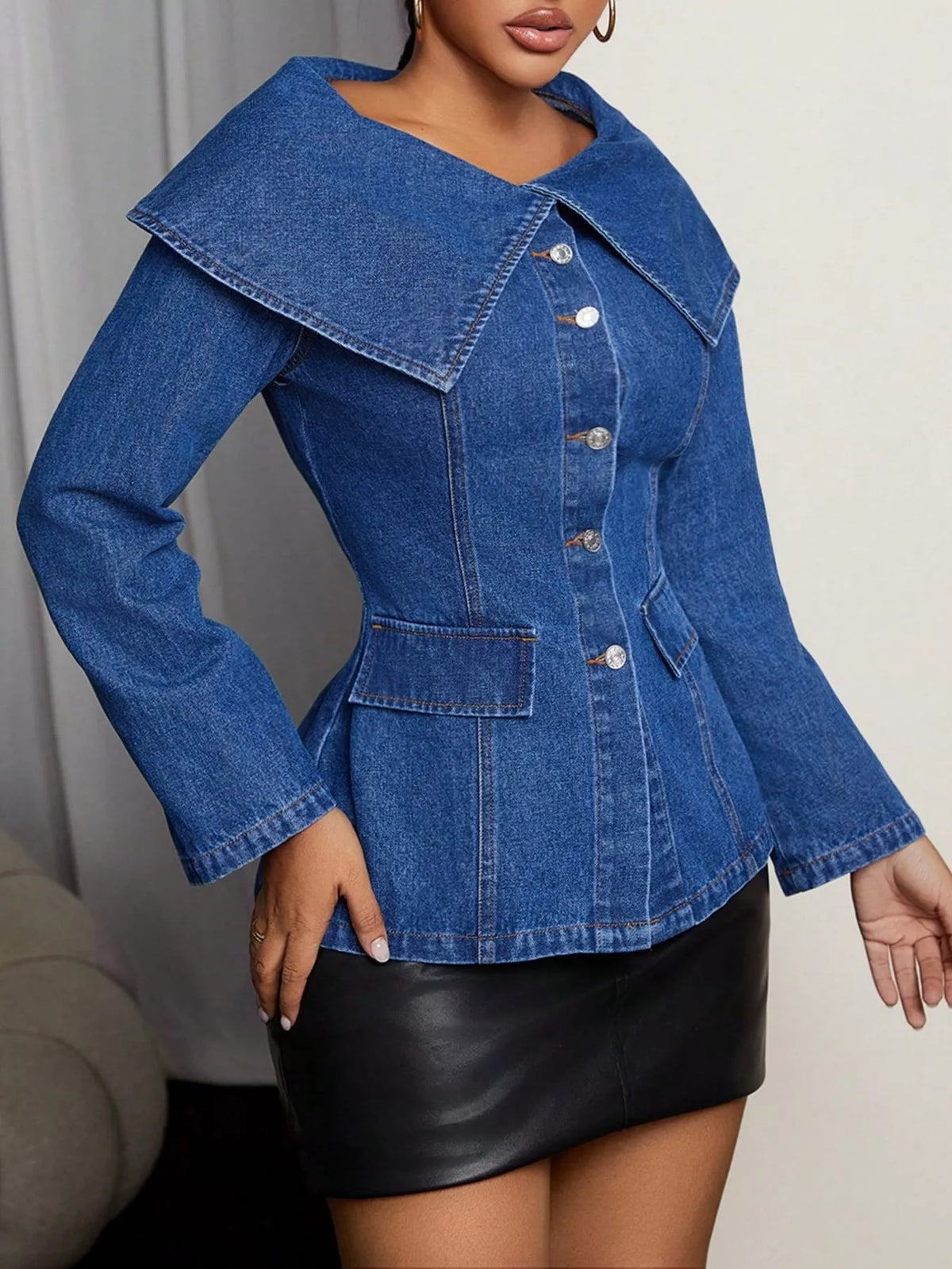 Button-Front Long Sleeve Denim Top