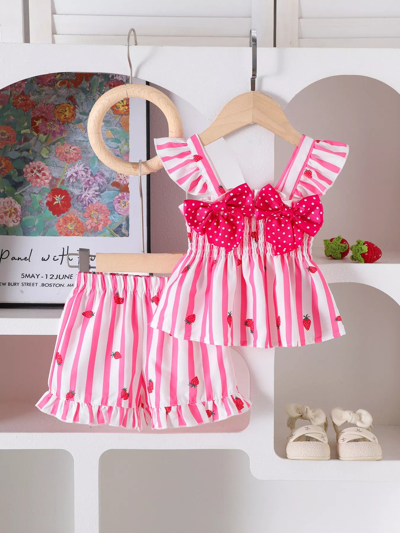 Children's Bow Ruffled Striped Top and Shorts Set