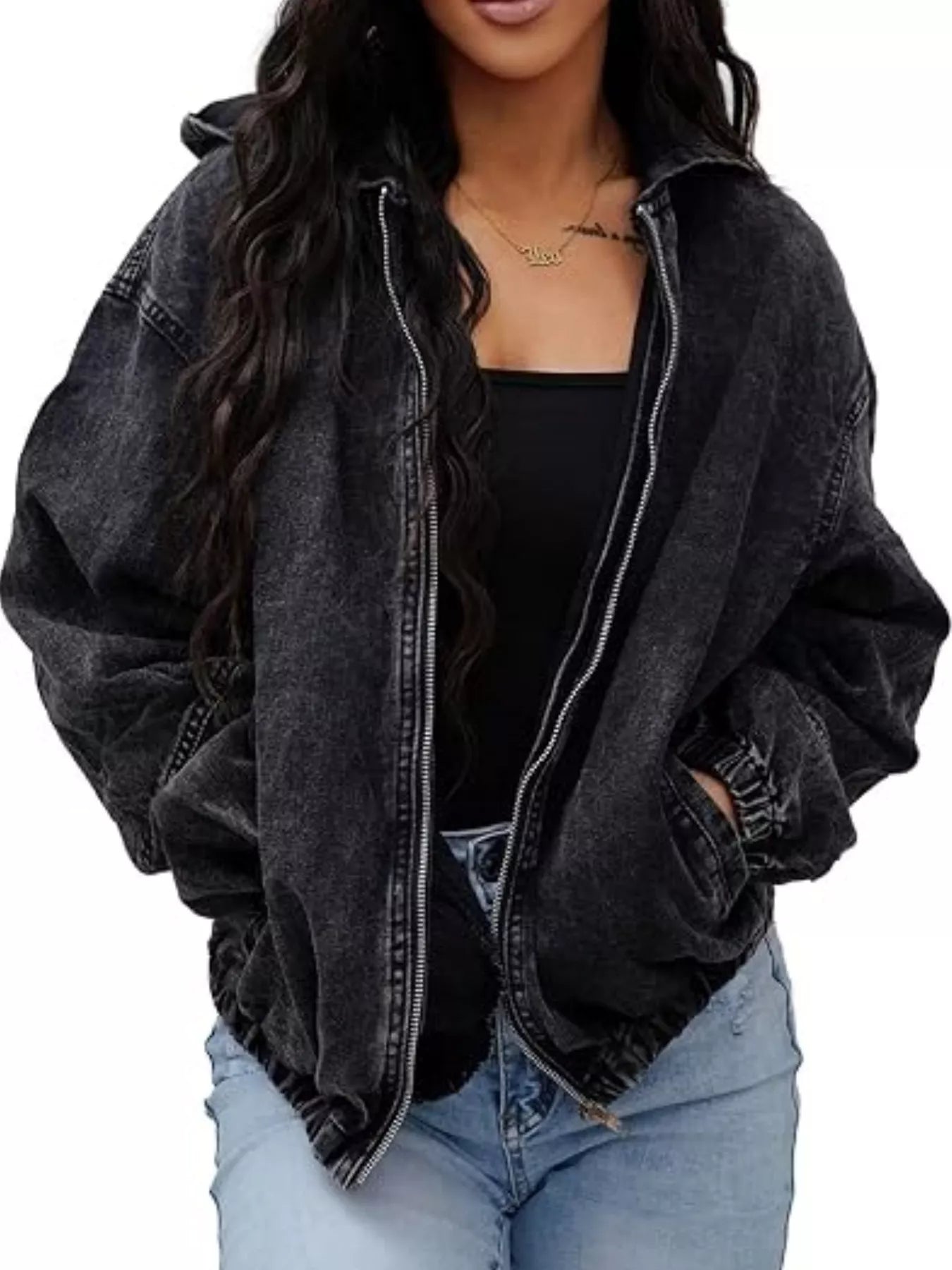 Vintage Washed Zip Up Hooded Denim Jacket