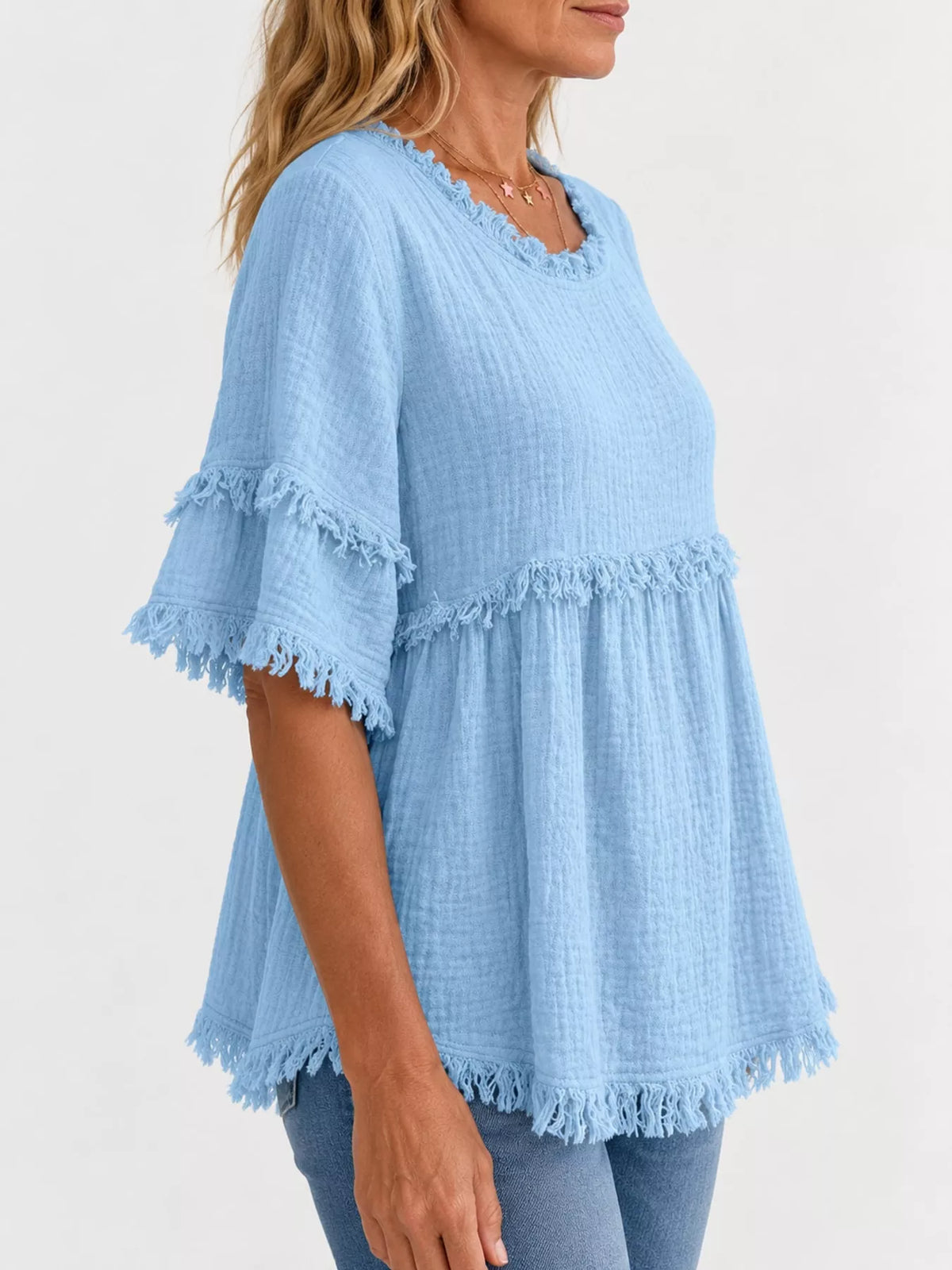 Full Size Frayed Edge Textured Blouse Plus Size