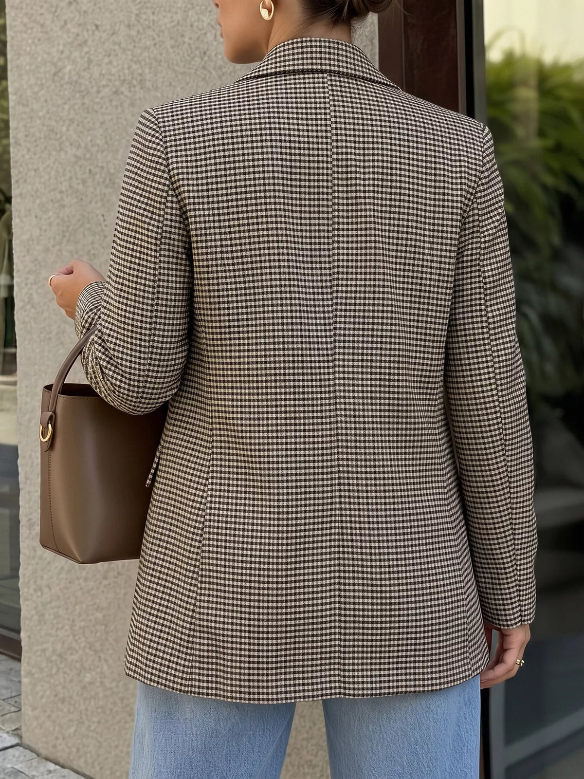 Plaid Lapel Collar Double-Breasted Blazer