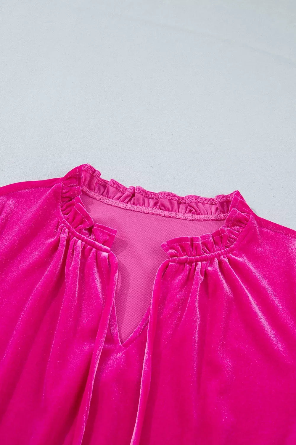 V Neck Velvet Ruffled Cuffs Hem Long Sleeve Top