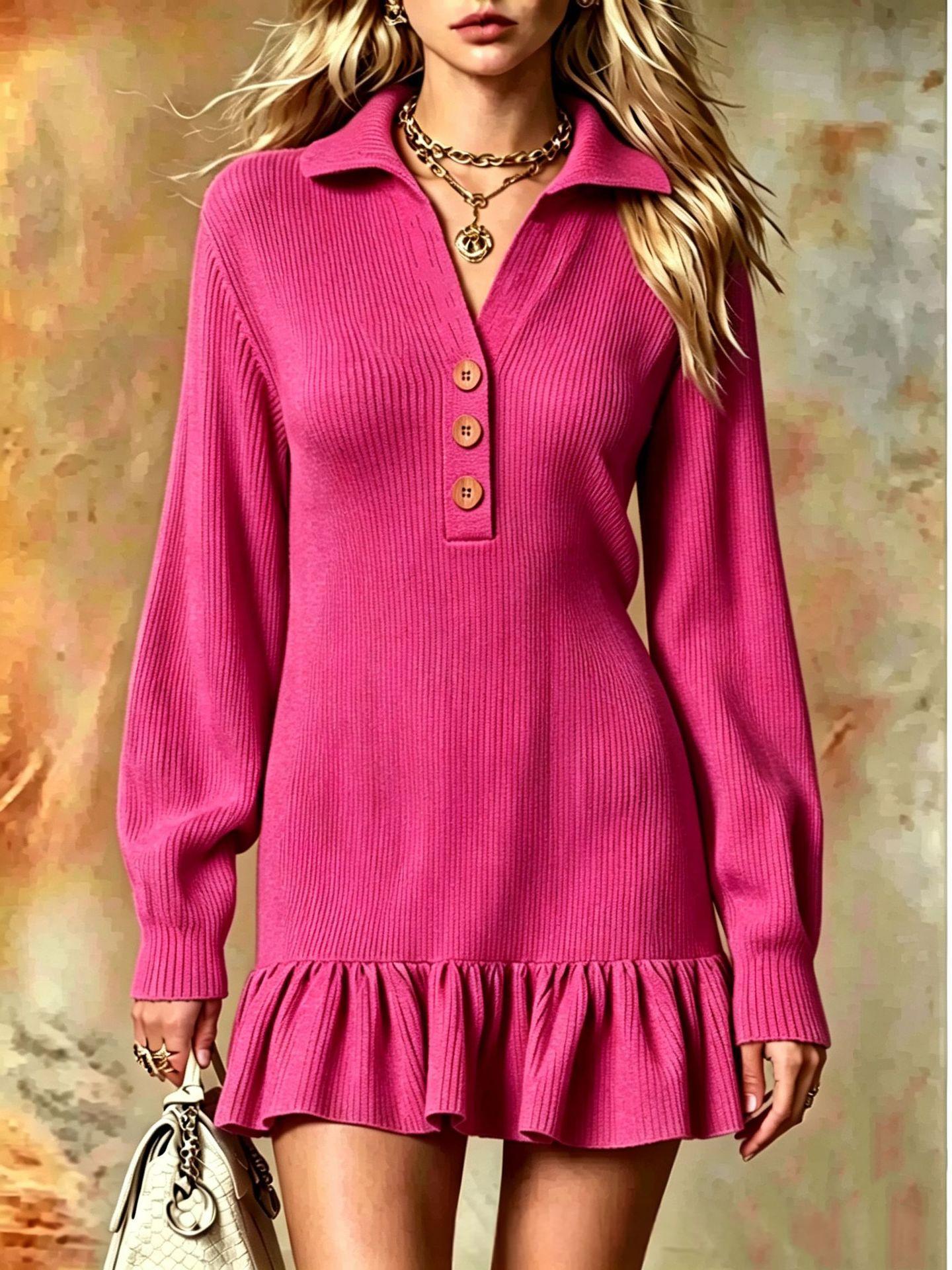Ribbed Knit Polo Dress | Ruffle Hem Mini | Button-Neck Long Sleeve Dress