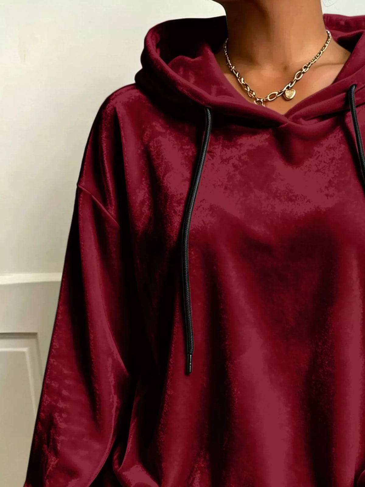 Plus Size Velvet Drawstring Dropped Shoulder Hoodie