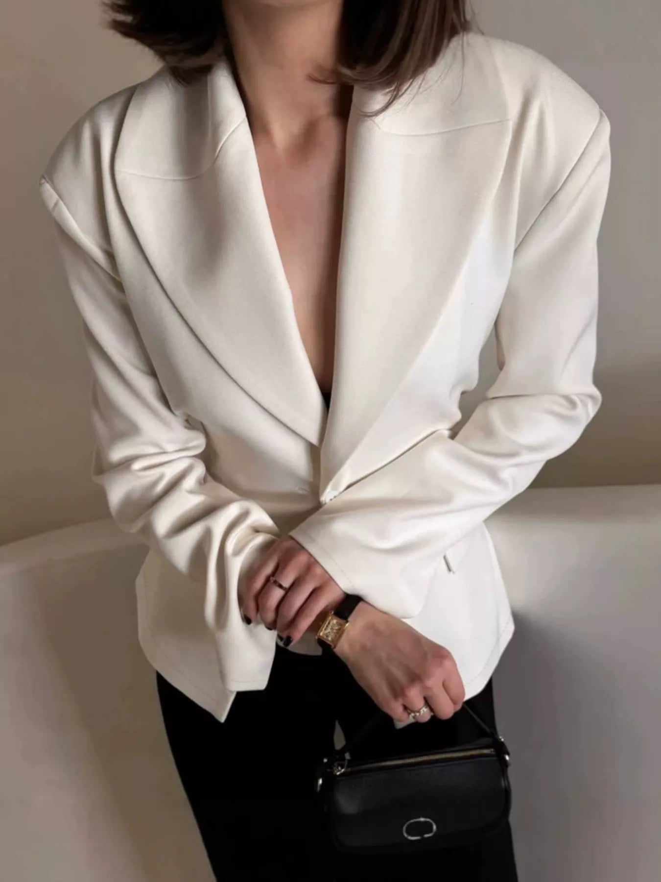 One Button Padded Shoulders Blazer