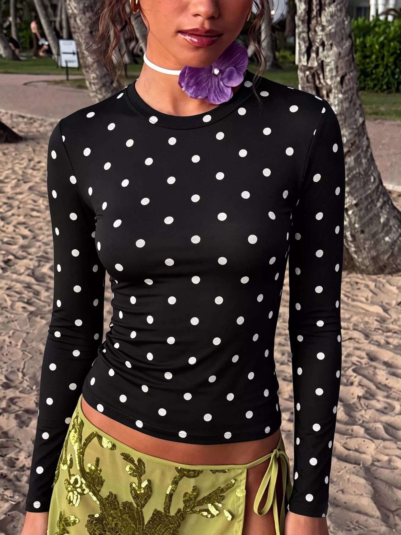 Long Sleeve Polka Dot Slim Fit T-Shirt
