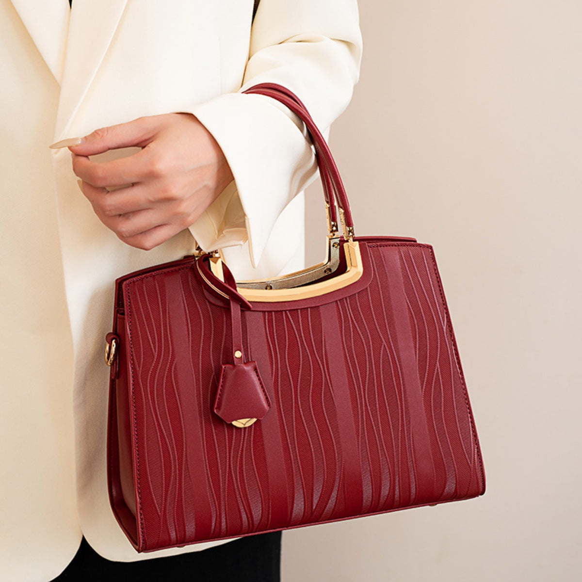 Textured Leather Top Handle Handbag