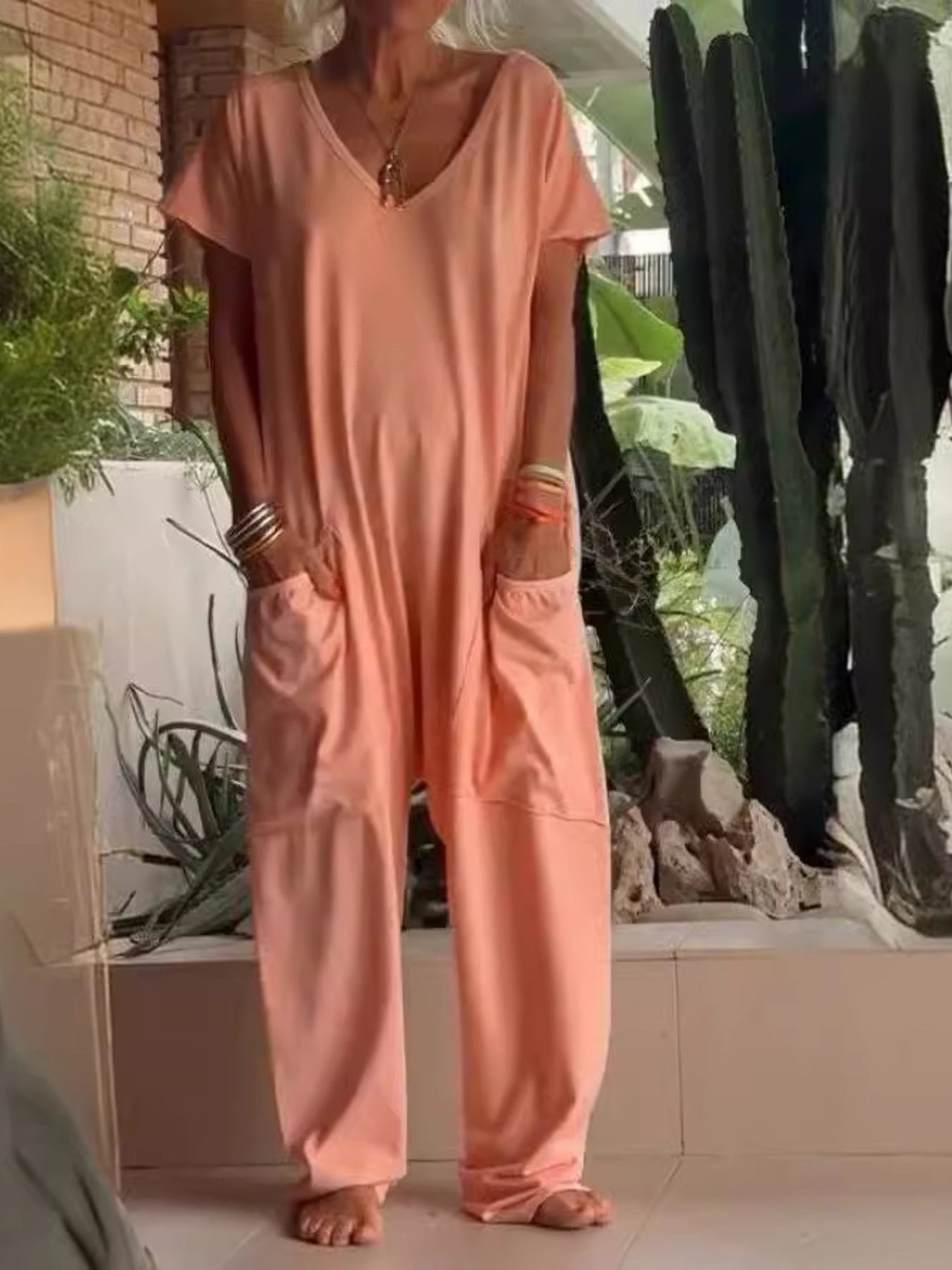 Full Size Loose Fit V-Neck Short Sleeve Wide Leg Jumpsuit Plus Size