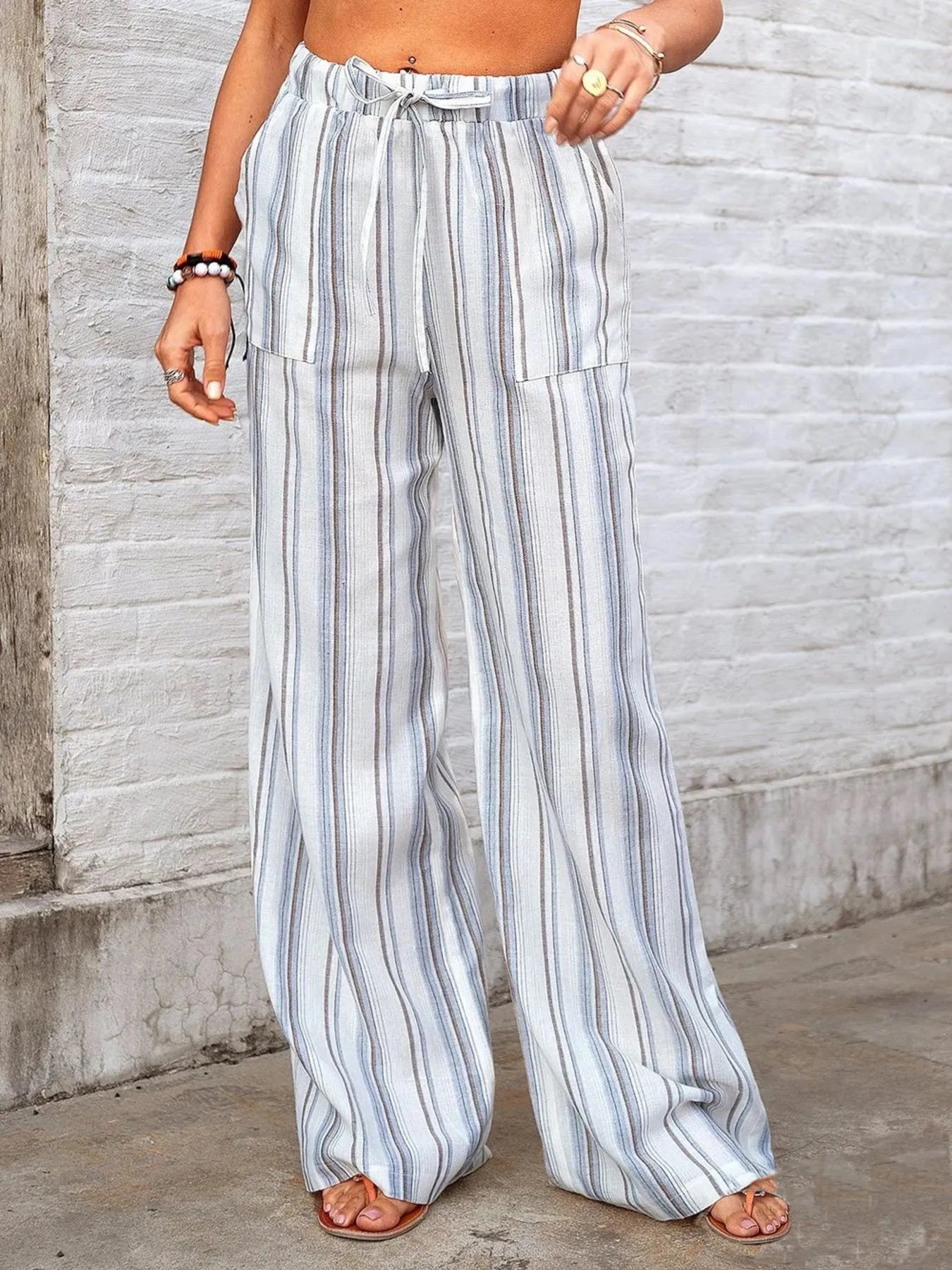 Full Size Striped Wide Leg Pants Plus Size