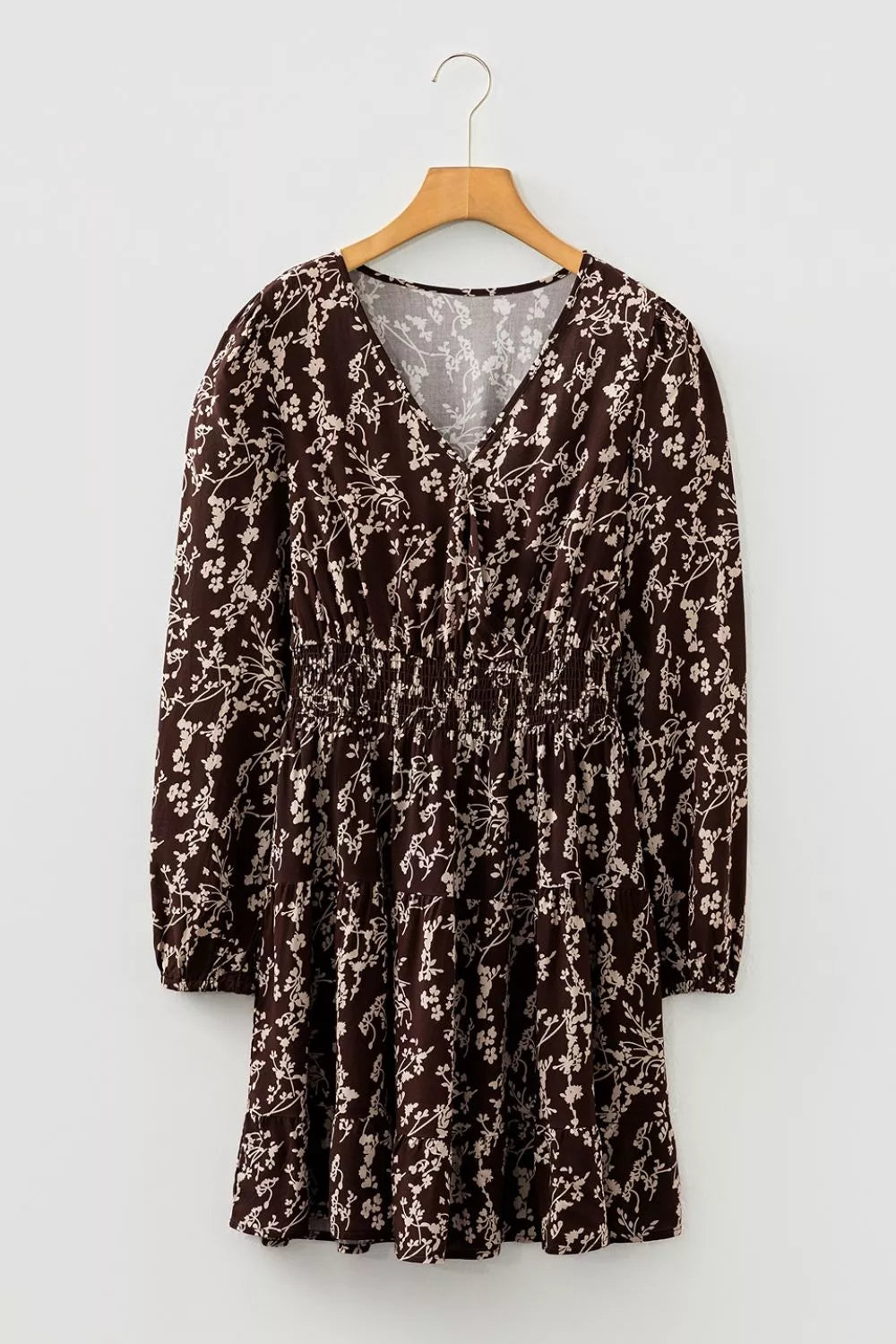Ditsy Floral Print Split Neck Long Sleeve Shirred Waist Flared Mini Dress