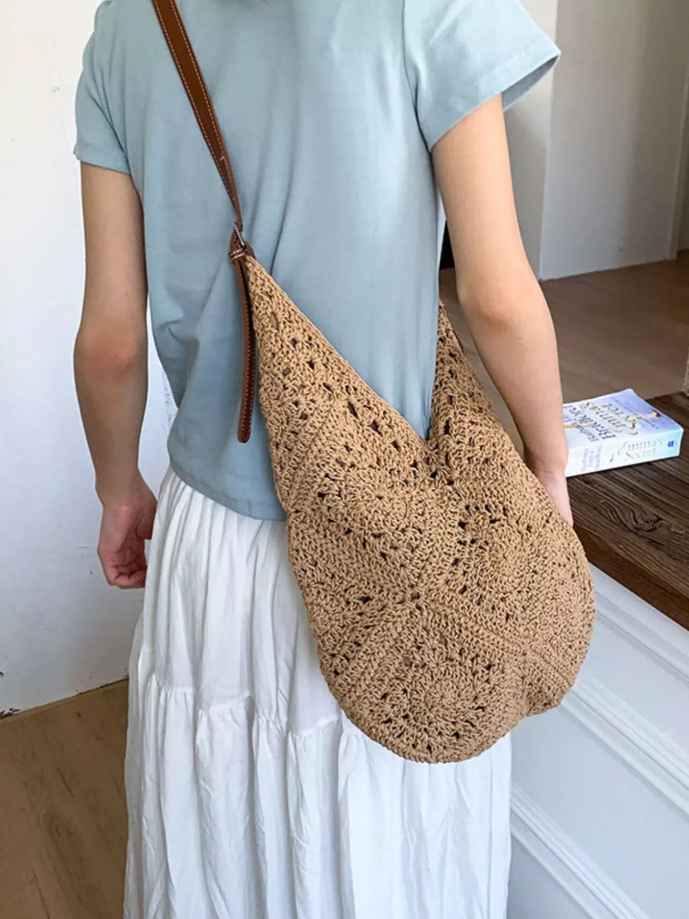Crochet Shoulder Bag with Leather Straps