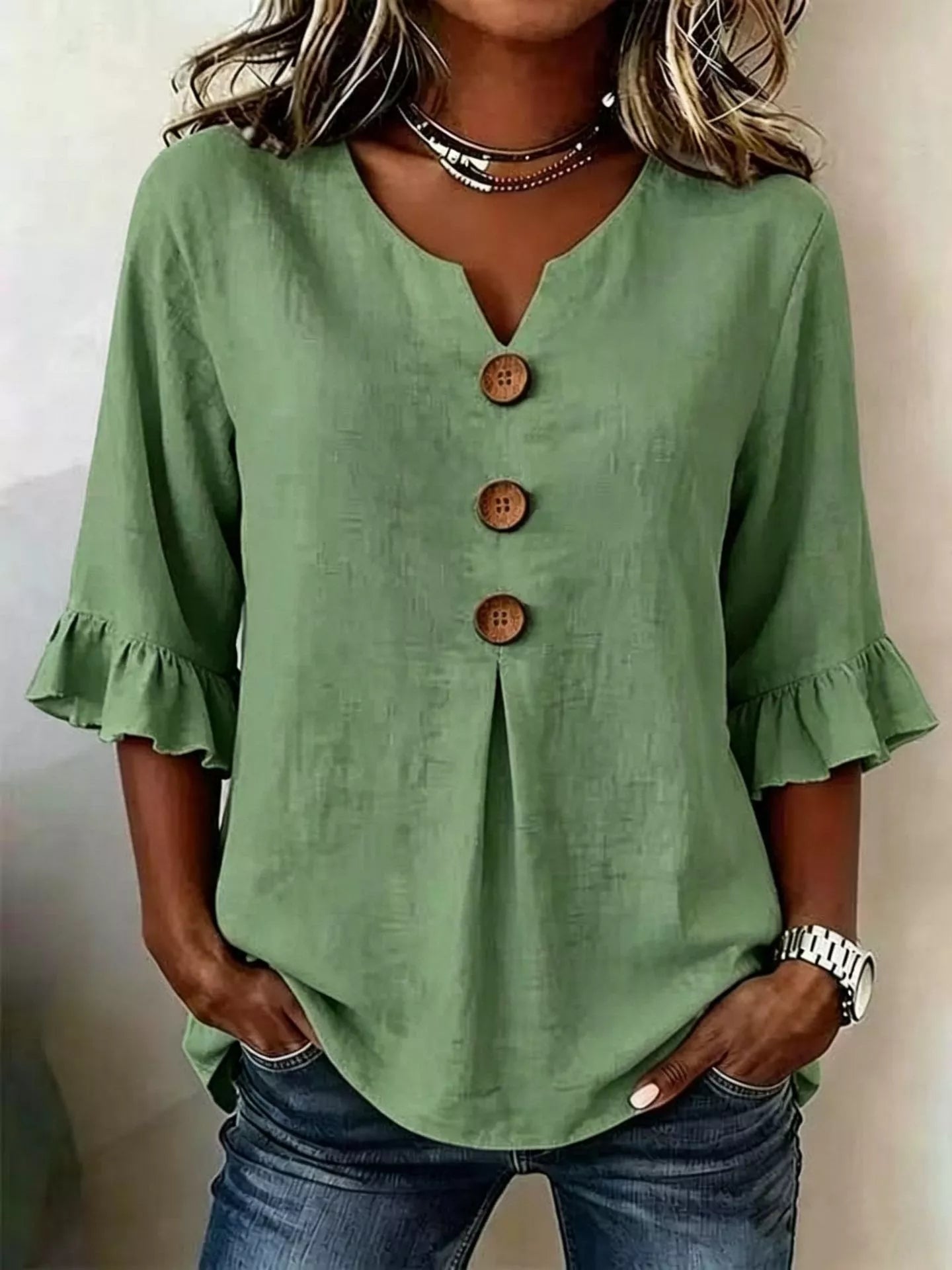 Full Size Casual Ruffle‑Sleeve Decor‑Button Top Plus Size