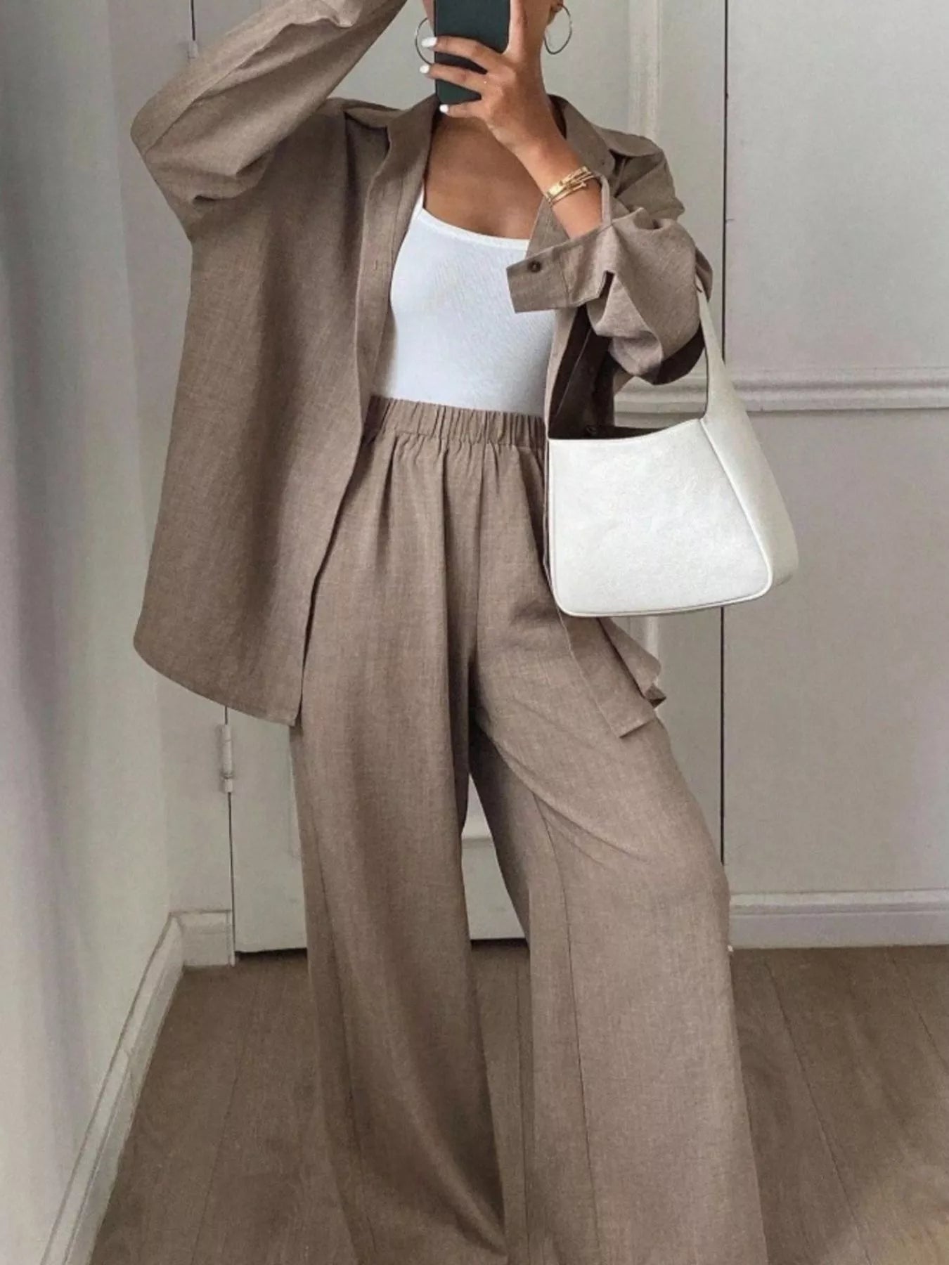 Button Up Long Sleeve Shirt and Wide Leg Pants Set
