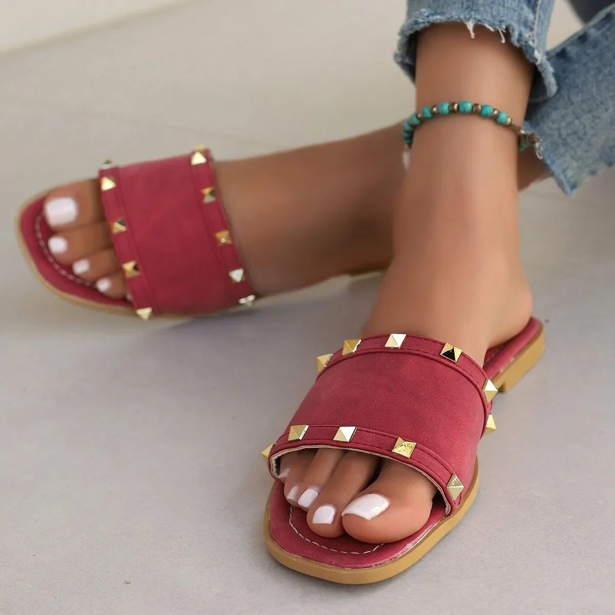 Studded Open Toe Flats Sandals