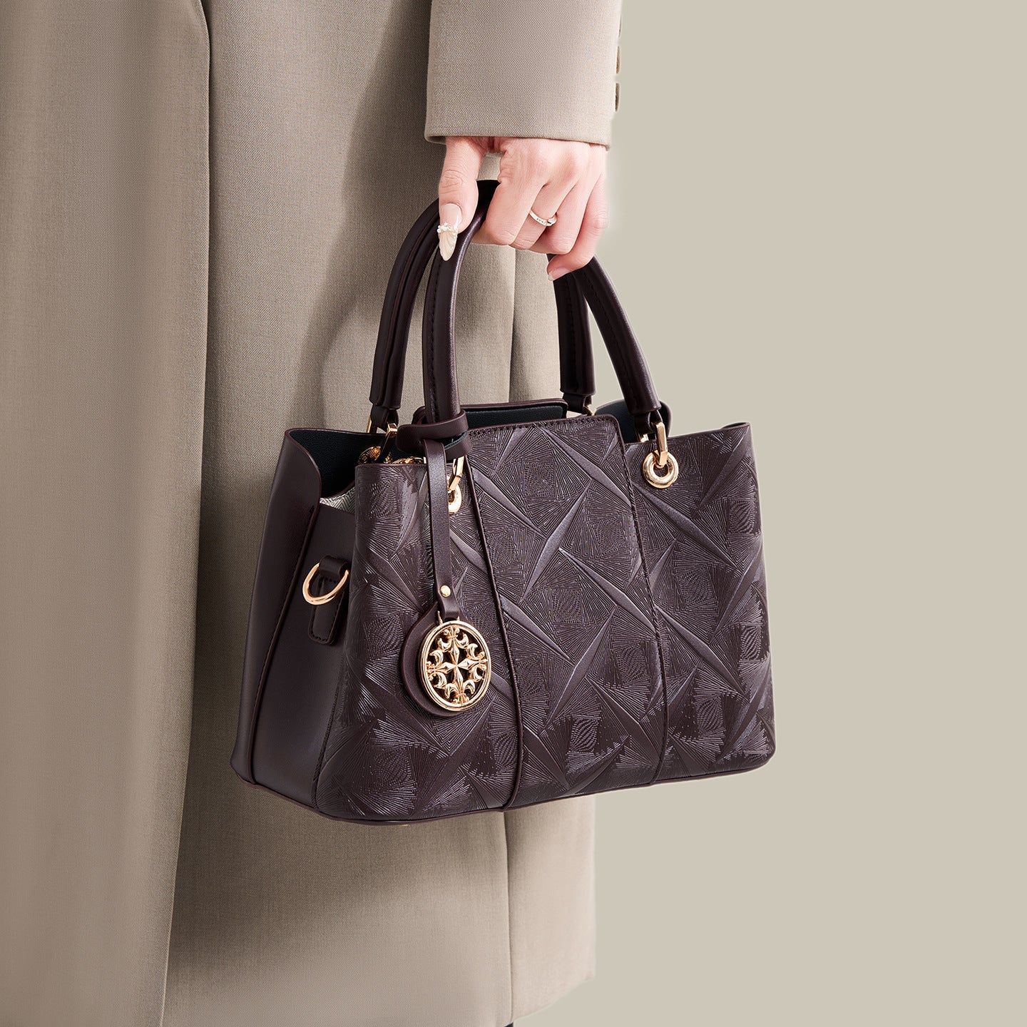 Embossed Pattern Leather Top Handle Handbag