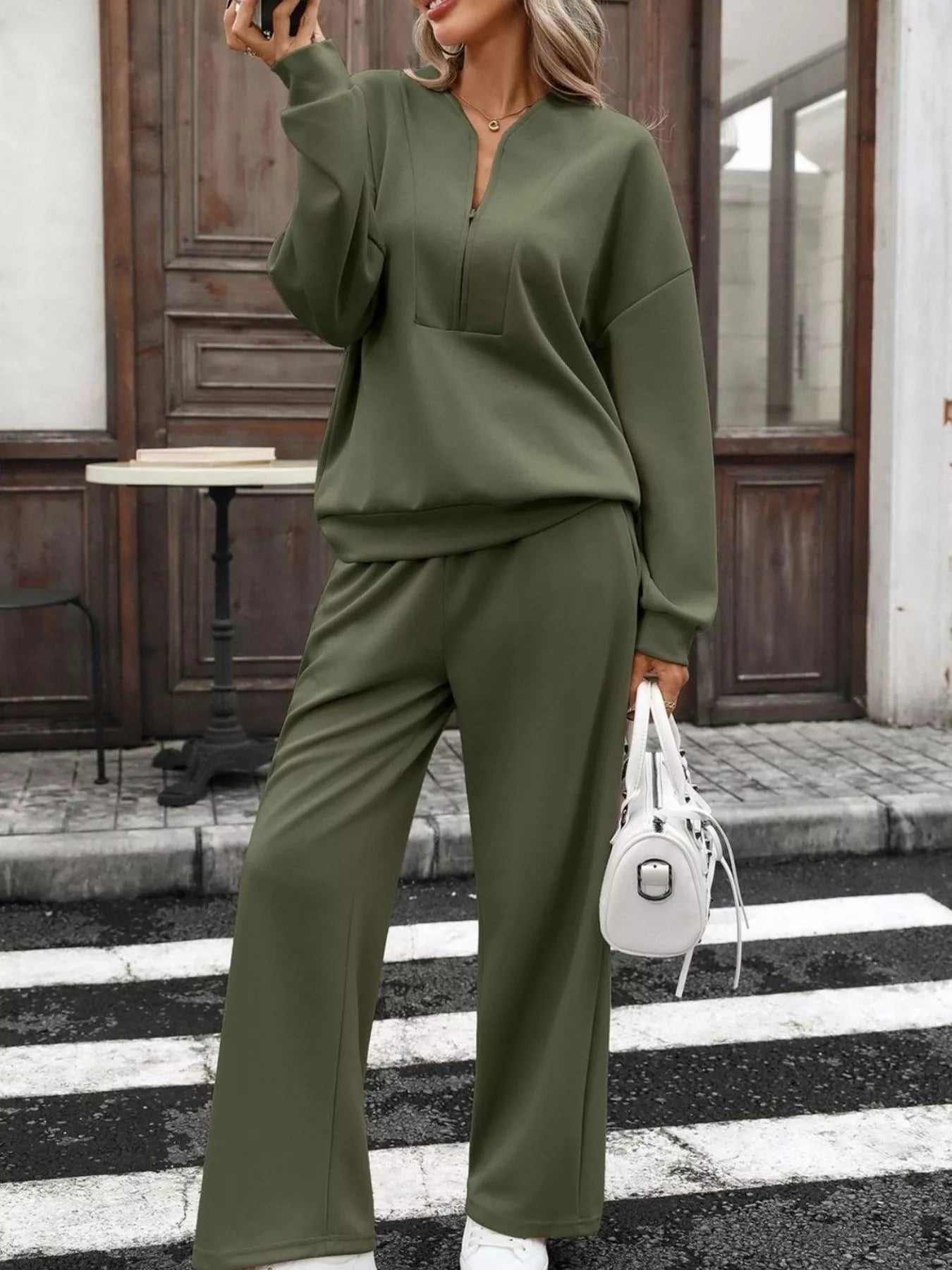 Half Zip Sweatshirt and Wide-Leg Pants Set