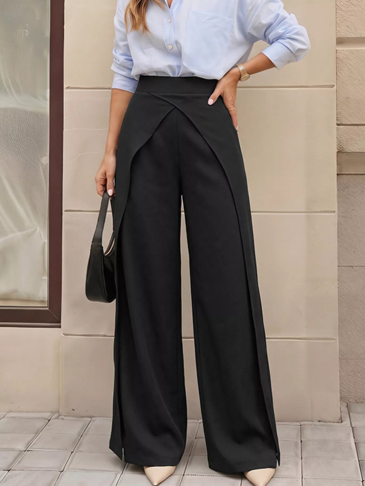 Wide-Leg Pants with Overlap Front Detail