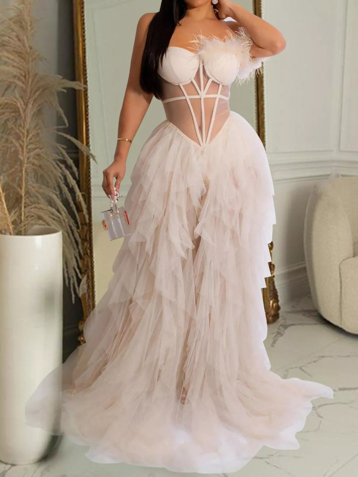 Feathered Corset Tulle Evening Dress
