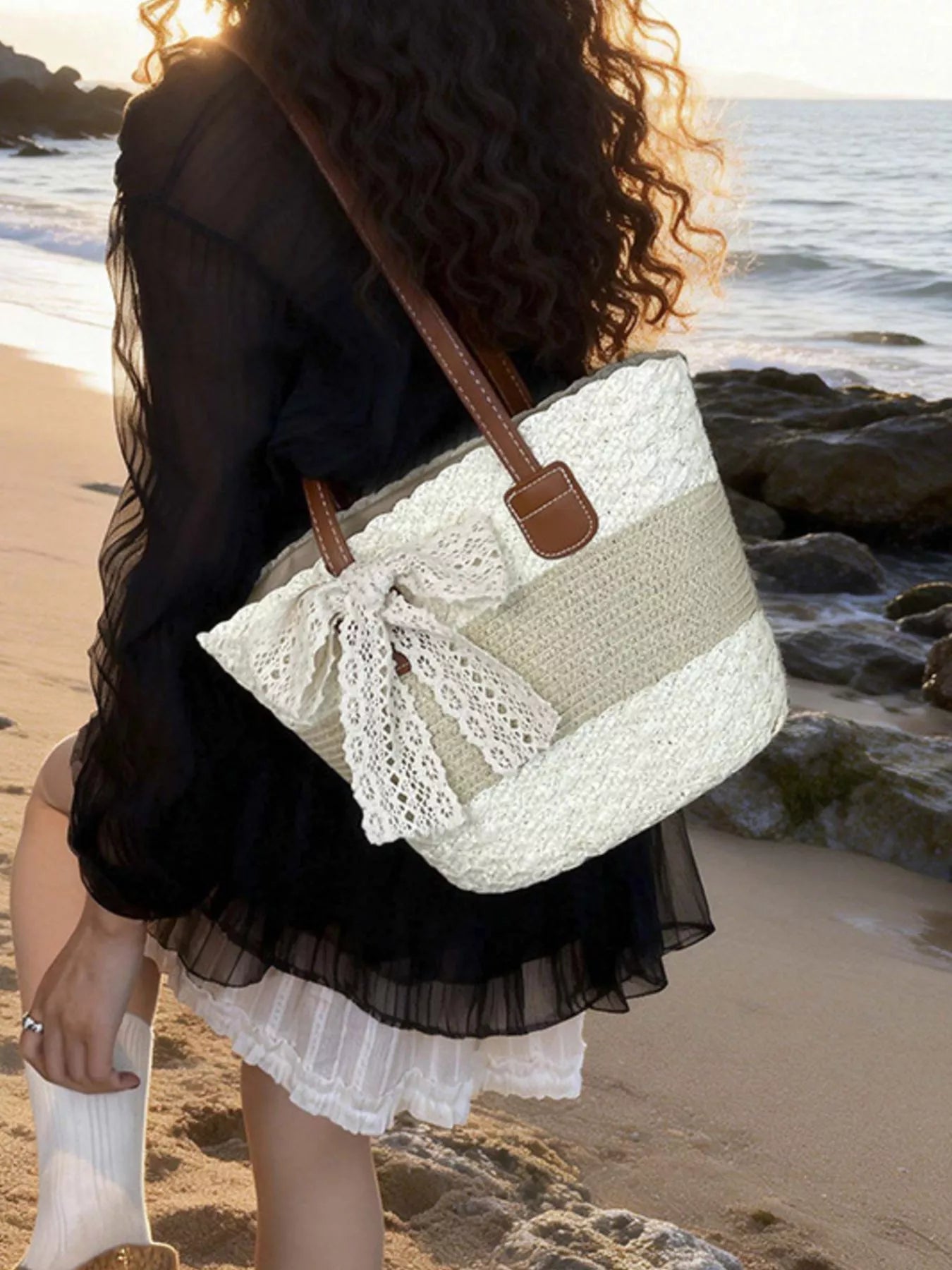Lace Trimmed Straw Shoulder Bag