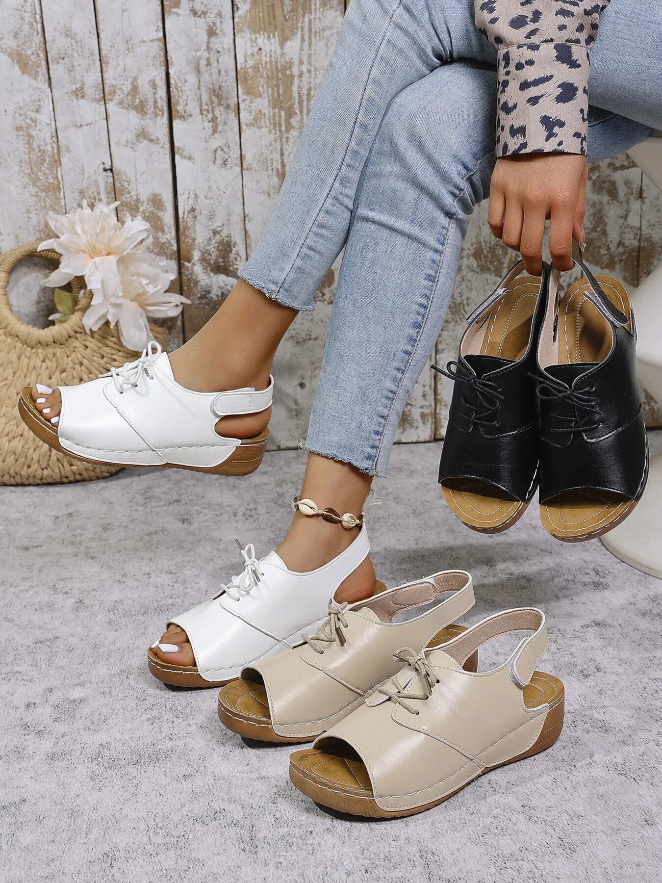 Casual Peep Toe Lace-up Comfort Sandals