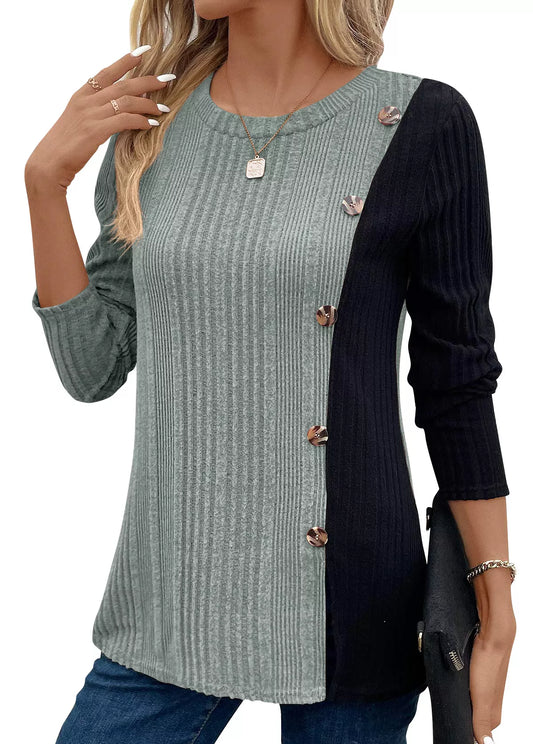 Color Block Ribbed Knit Decor Button T-Shirt