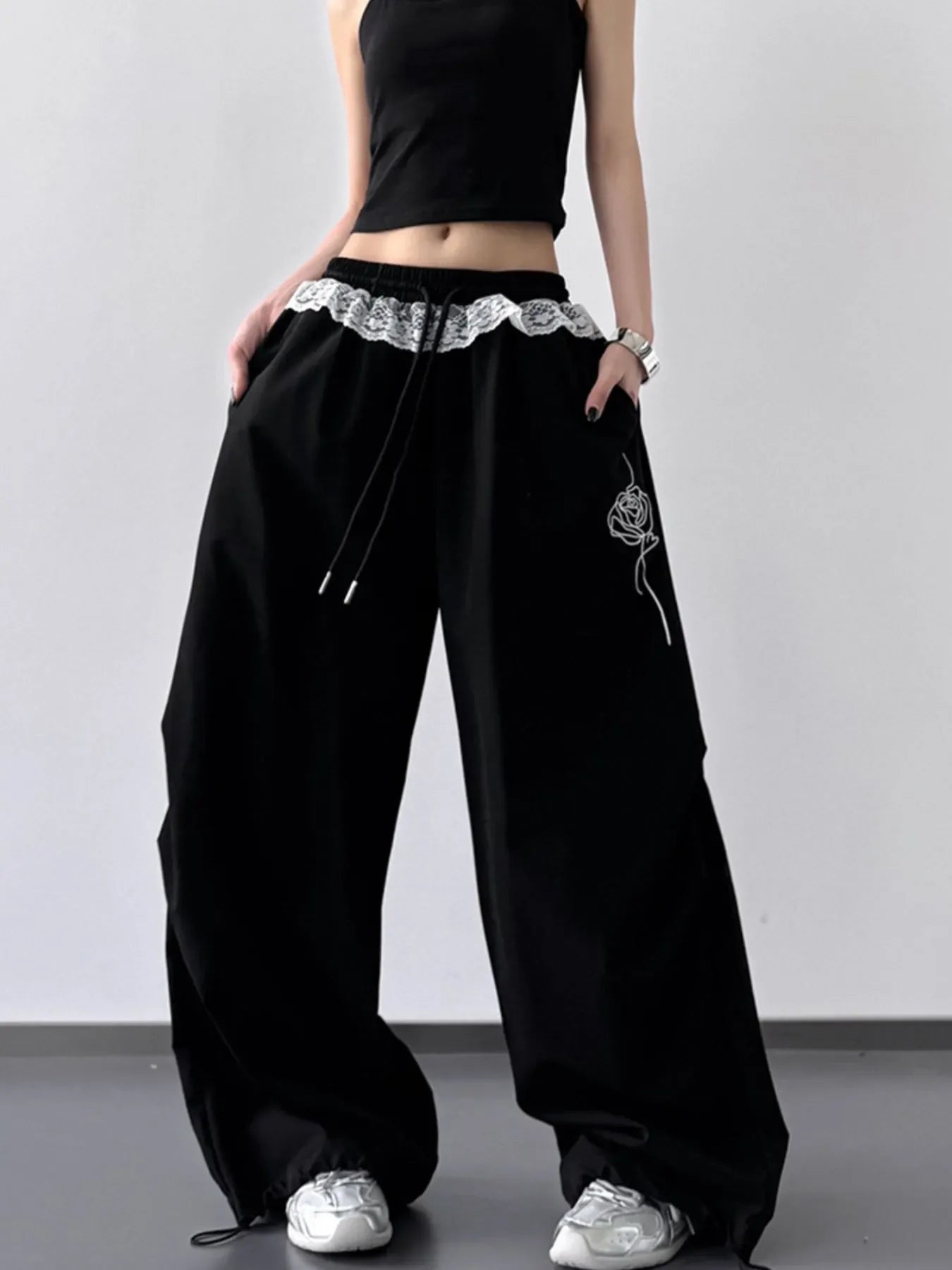 Drawstring Lace Detail Wide Leg Pants