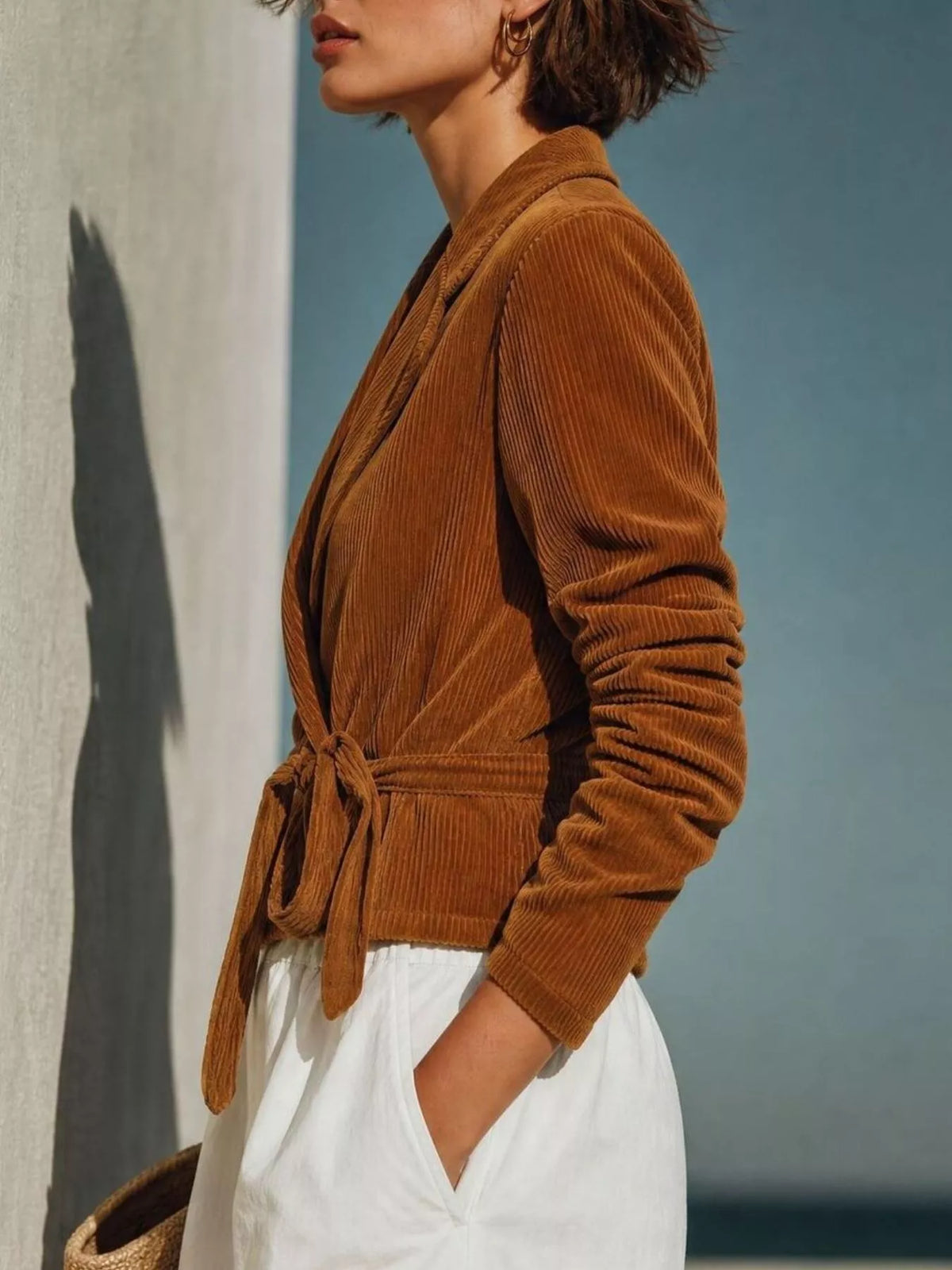 Full Size Corduroy Wrap Jacket with Tie-Waist Plus Size