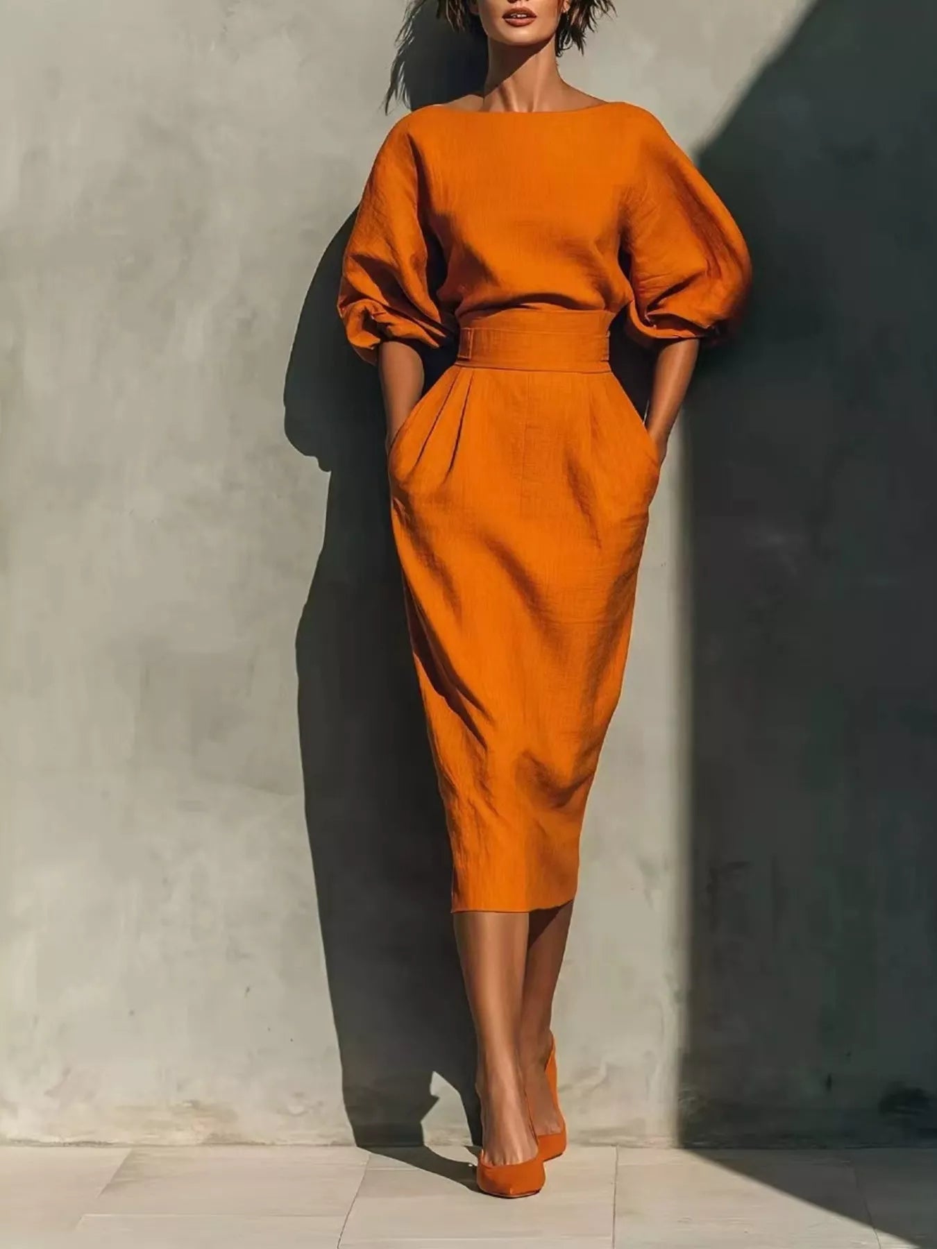 Full Size Round Neck Puff Sleeve Midi Dress Plus Size