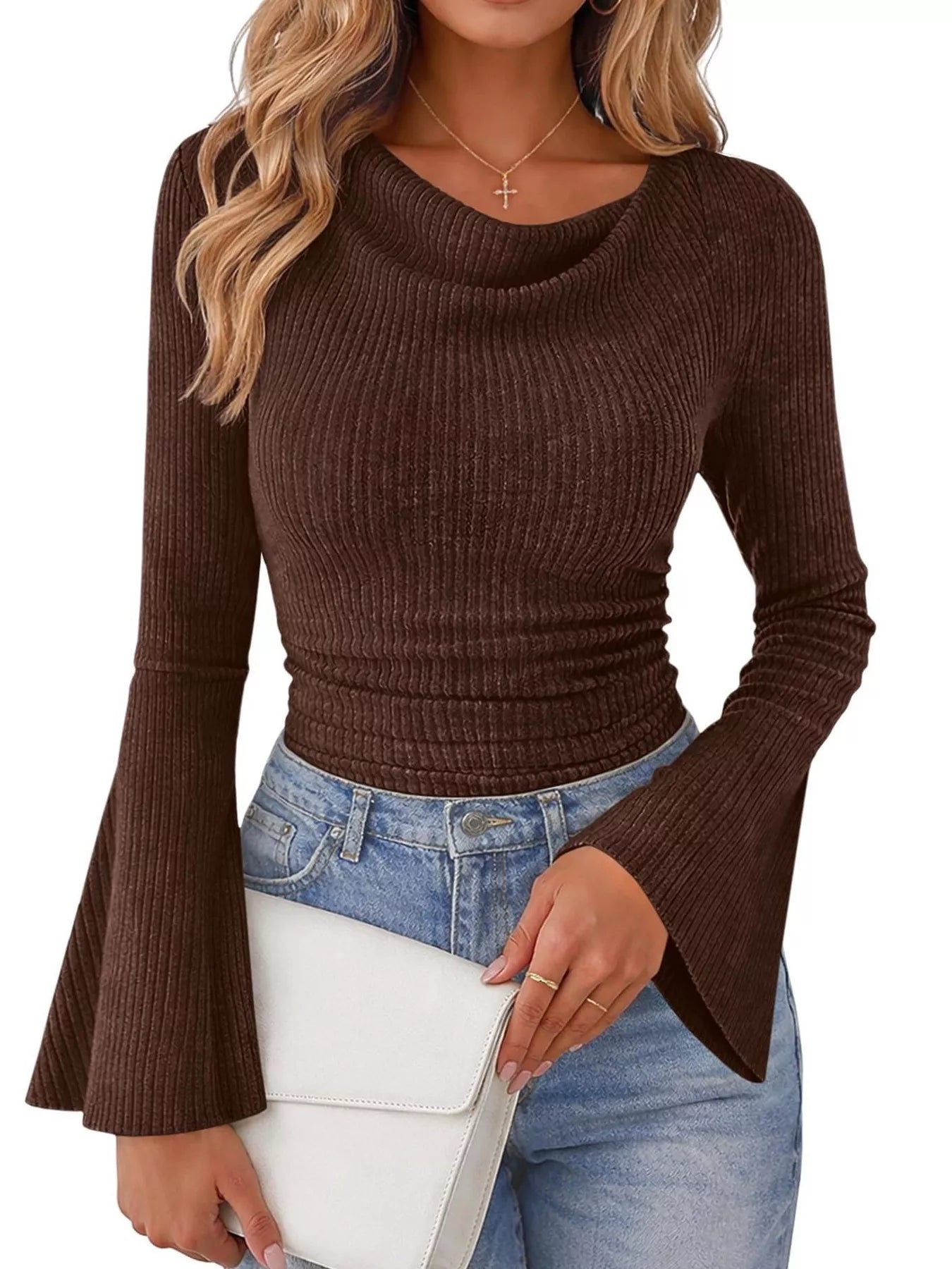 Ribbed Knit Cowl Neck Flared Sleeves Top