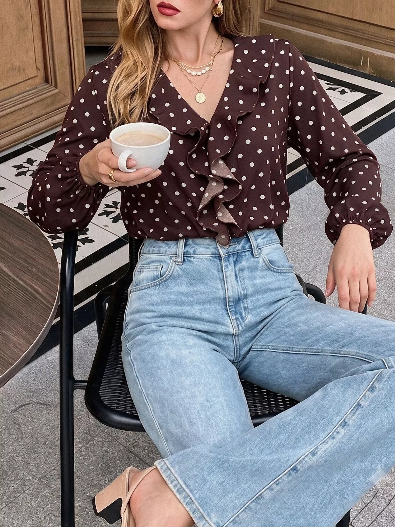 Polka Dot Ruffled V-Neck Bodysuit