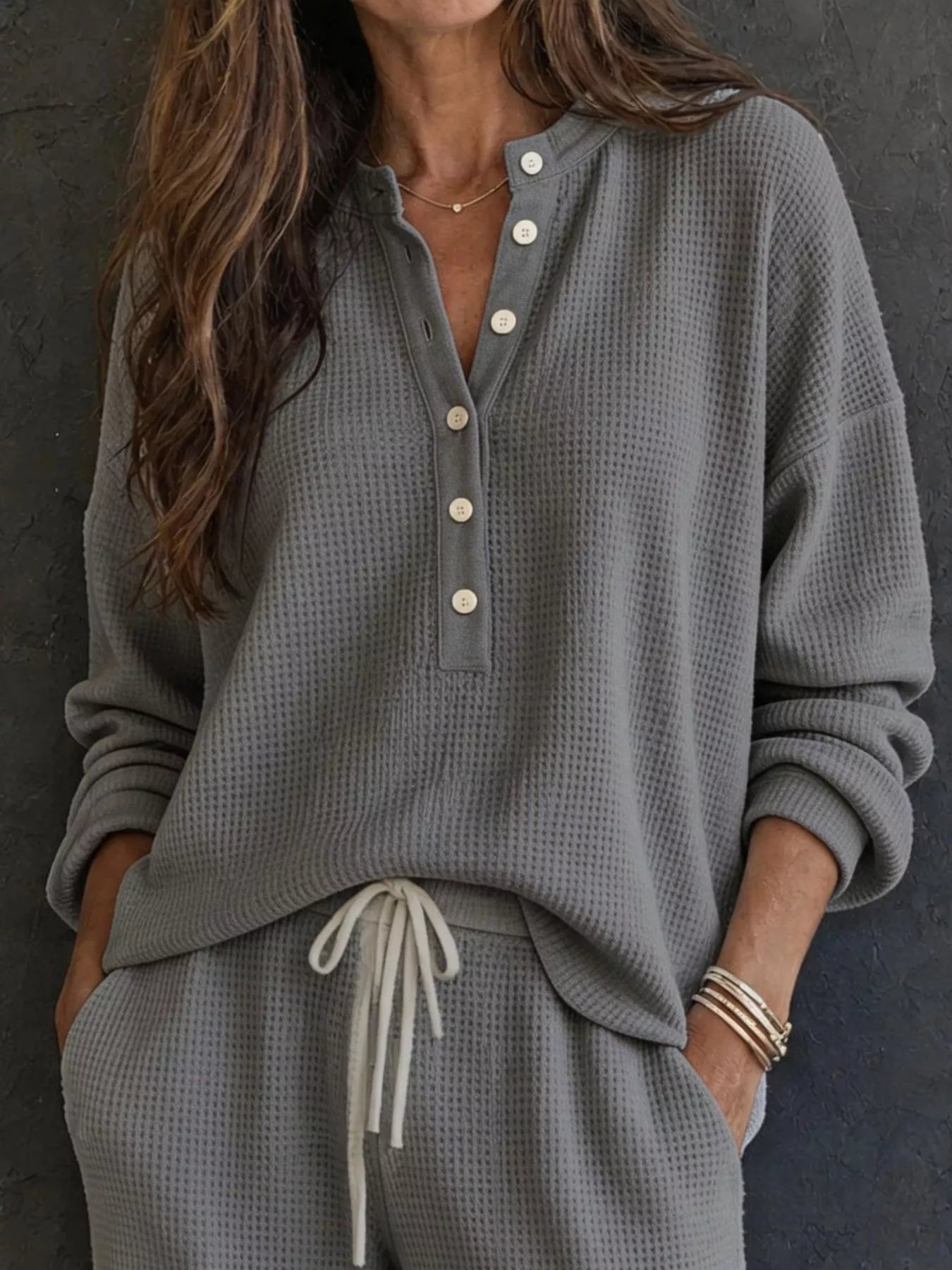 Waffle Knit Henley Top and Wide Leg Pants Set