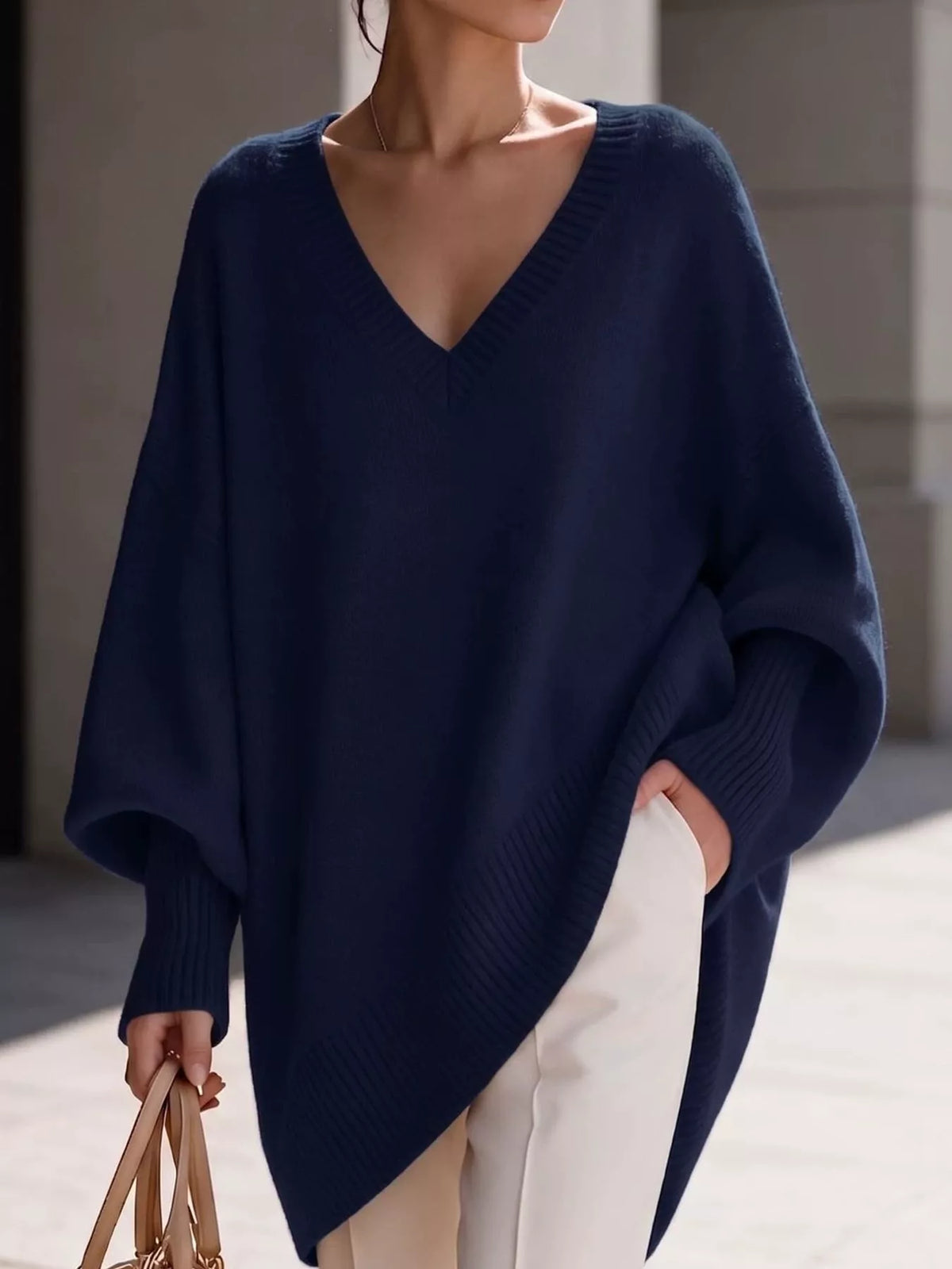 Full Size V-Neck Oversized Batwing Sleeve Sweater Plus Size