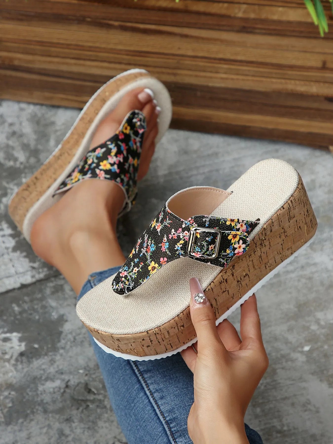 Floral Print Wedge Platform Sandals