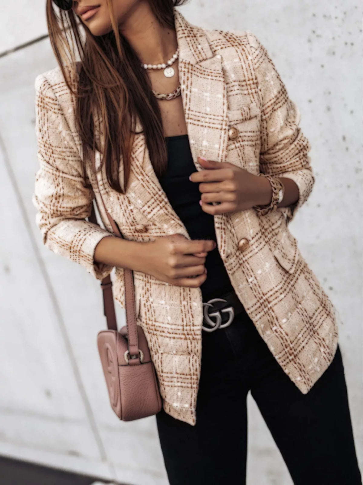 Full Size Plaid Tweed Double-Breasted Blazer Plus Size