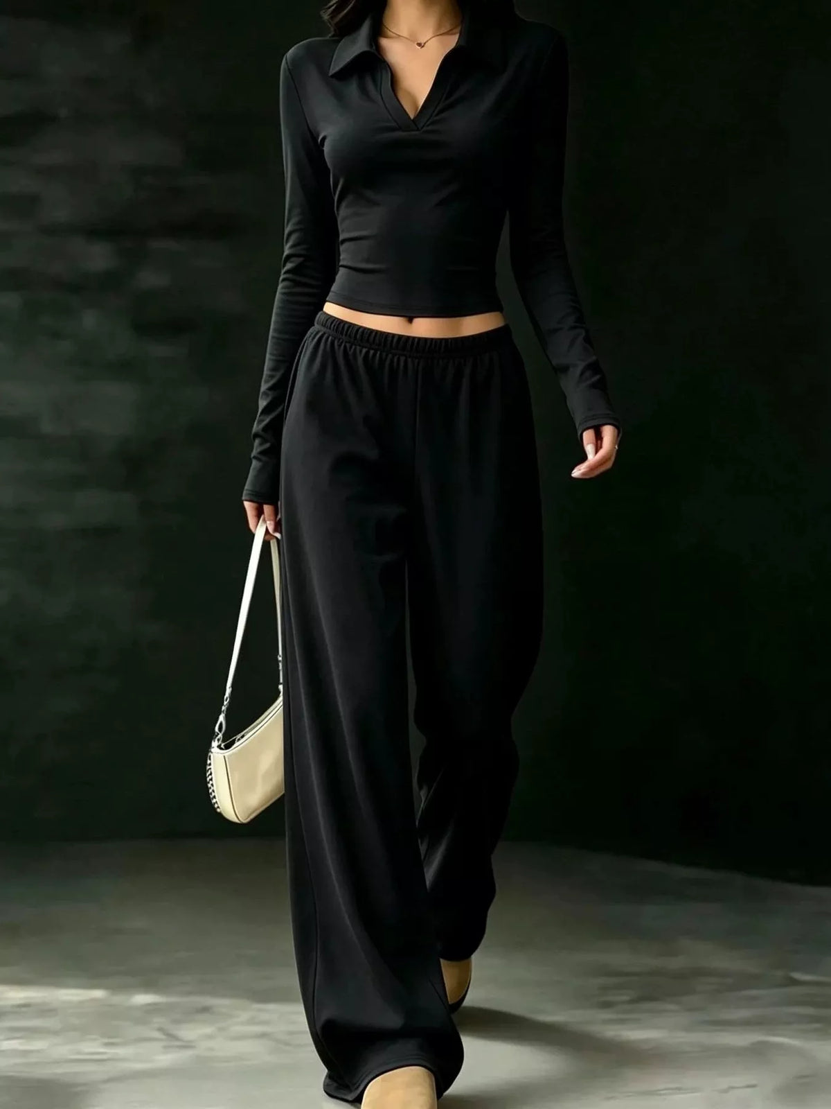 Solid Color Long Sleeve Polo Collar Top and Wide Leg Pants Set