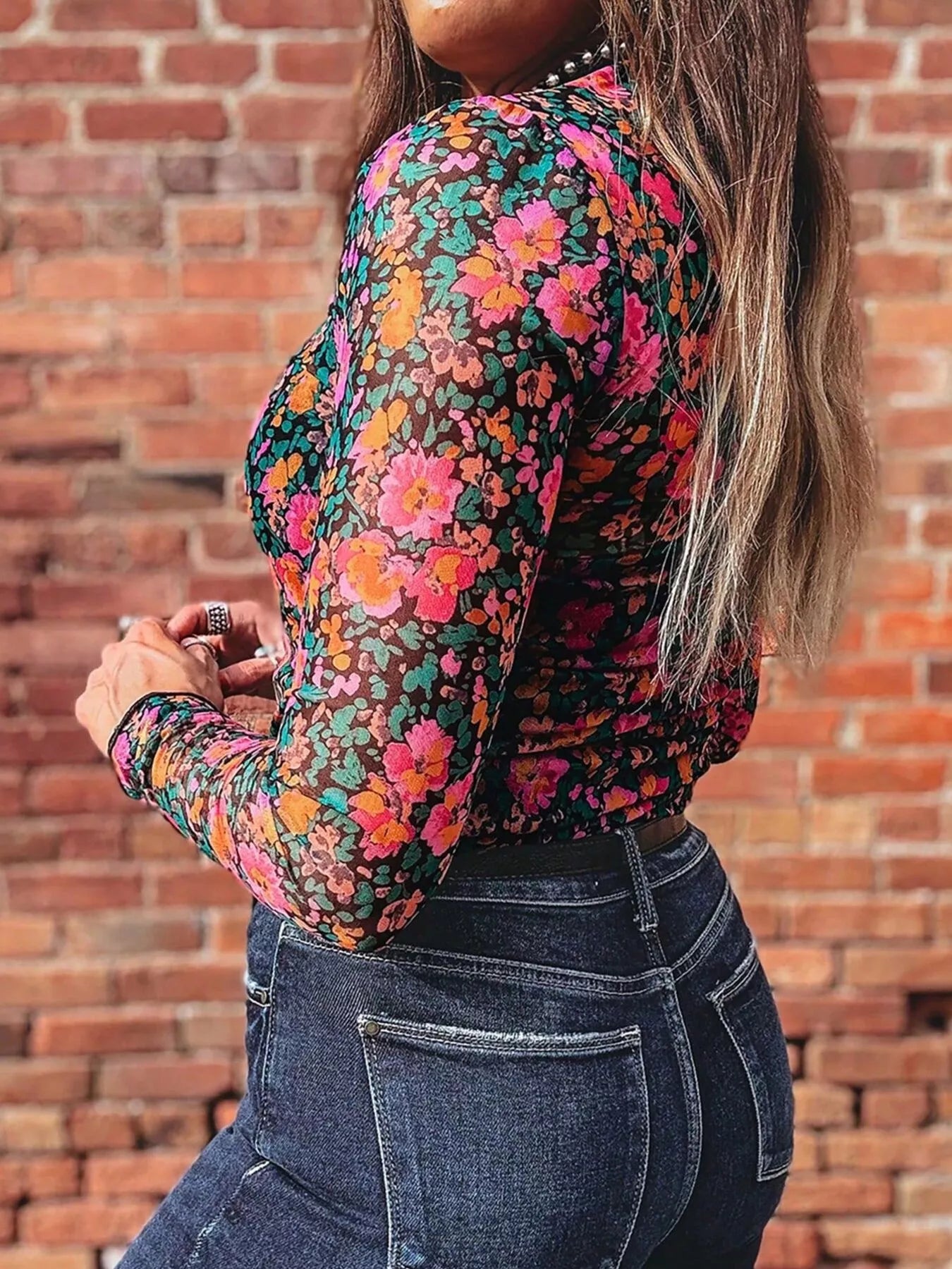 Printed Mesh Long Sleeve Slim Fit Top