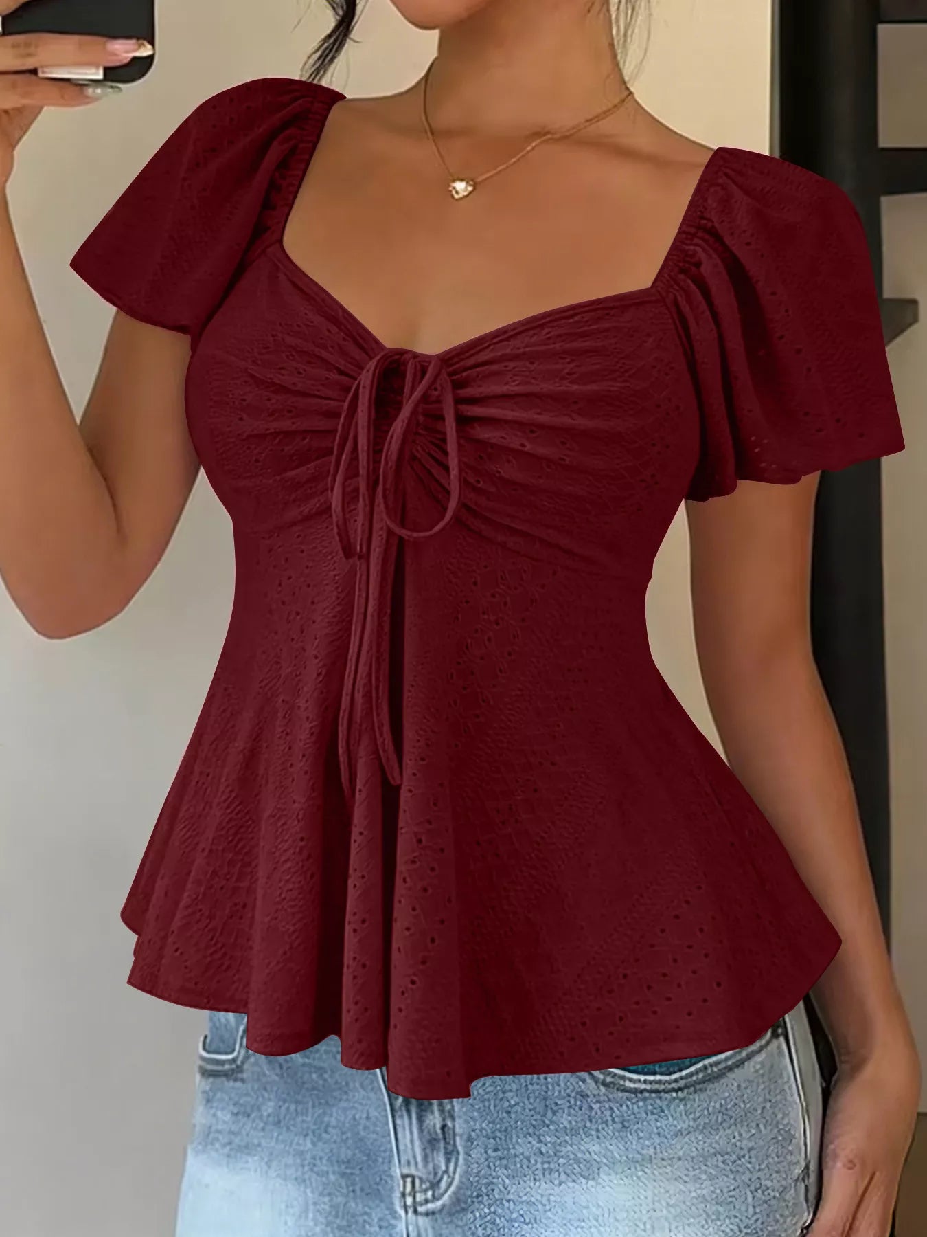 Sweetheart Neck Flutter Sleeve Top